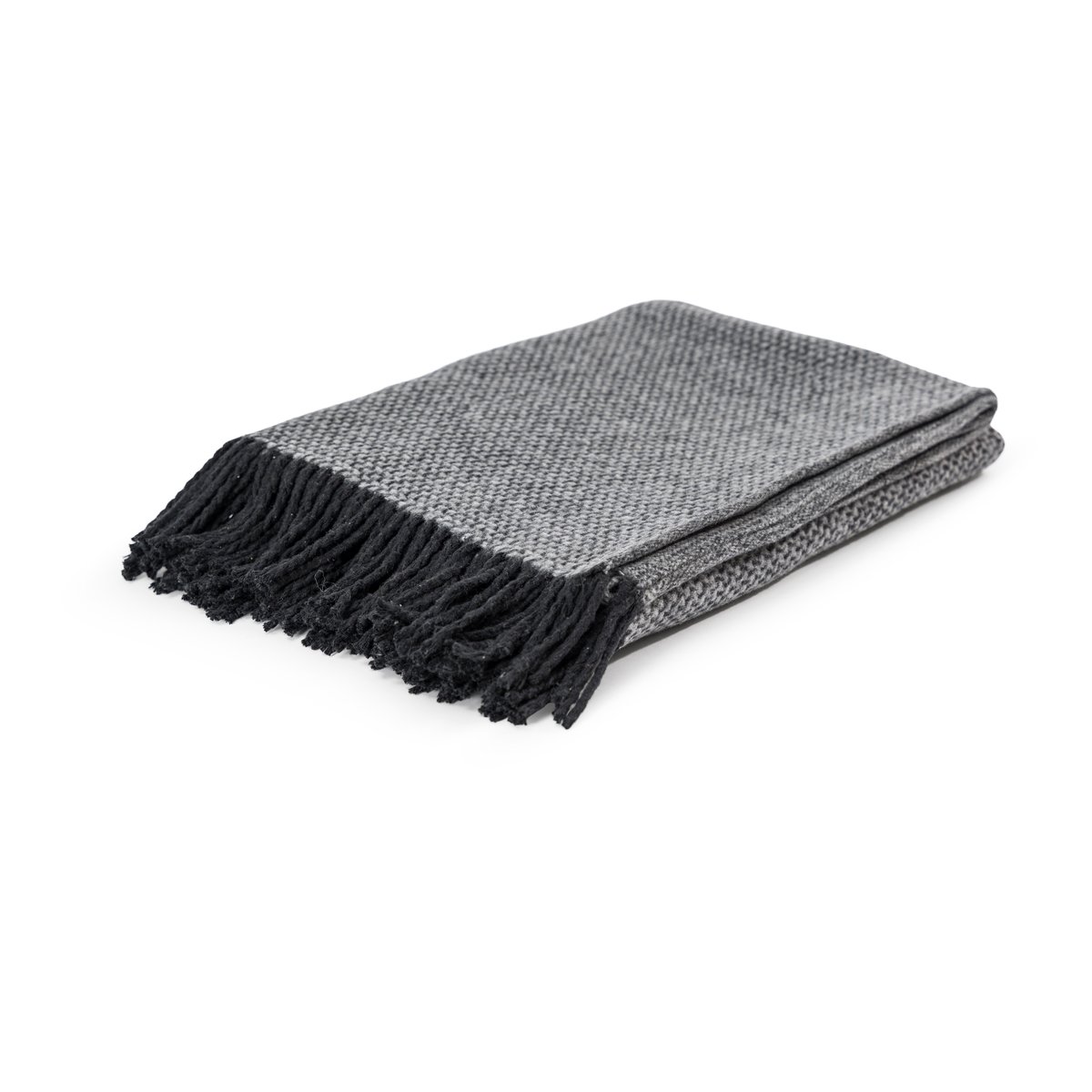 Plaid jacquard duveteux, franges, coton polyester recyclé SOMA gris et noir, MAGMA HEIMTEX