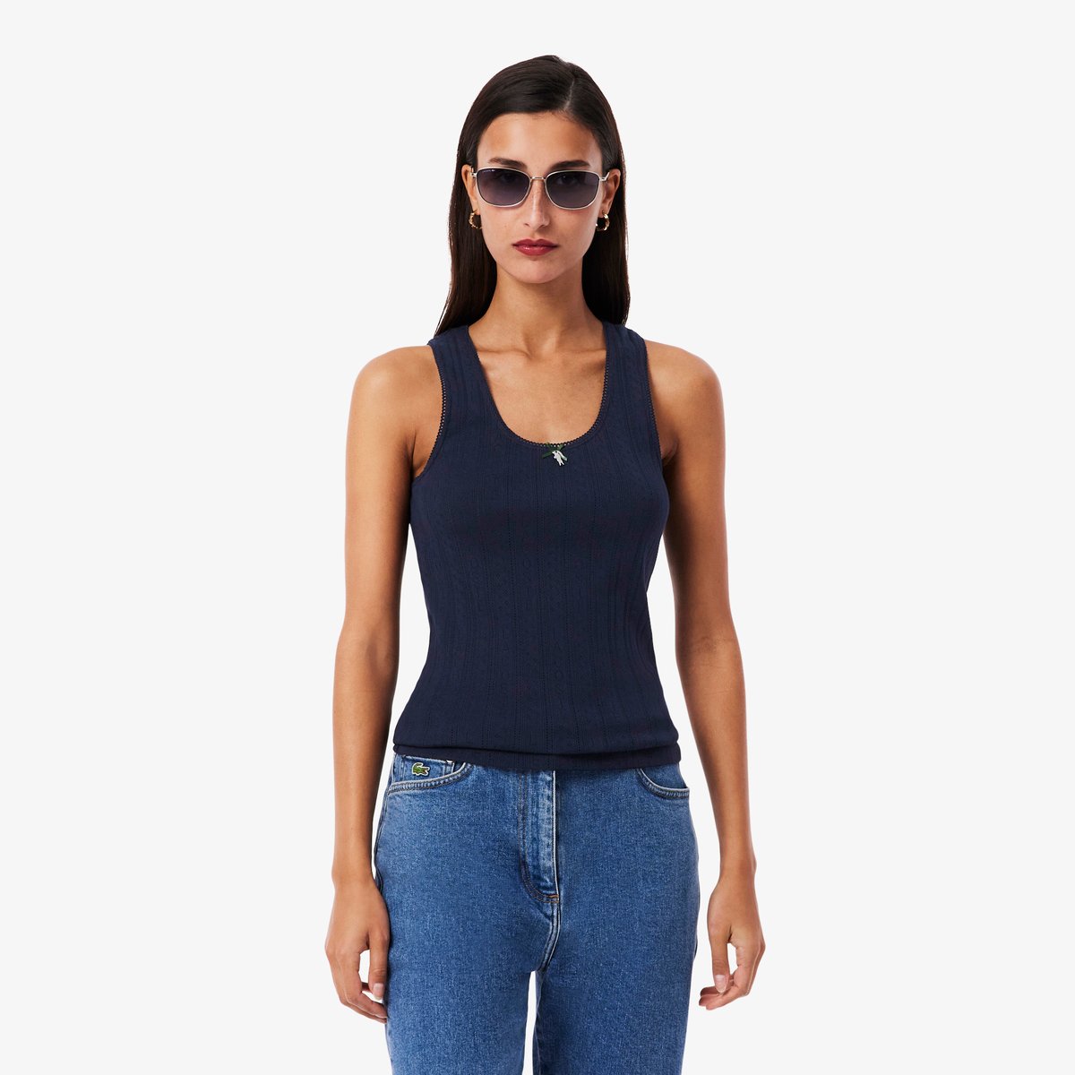 Débardeur slim fit coton maille pointelle bleu-166, LACOSTE