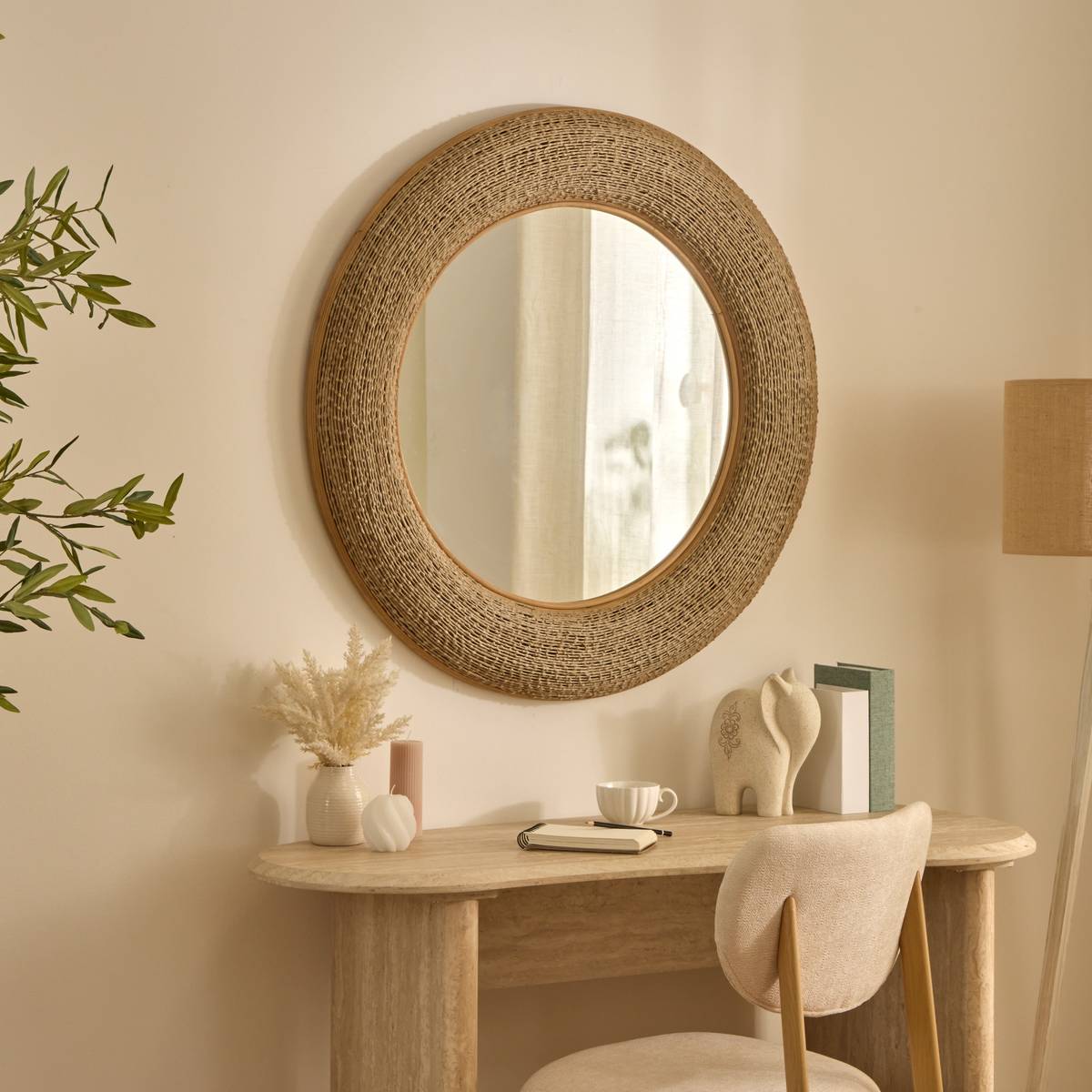 Miroir rond en bambou NATHAN beige ficelle, ATMOSPHERA