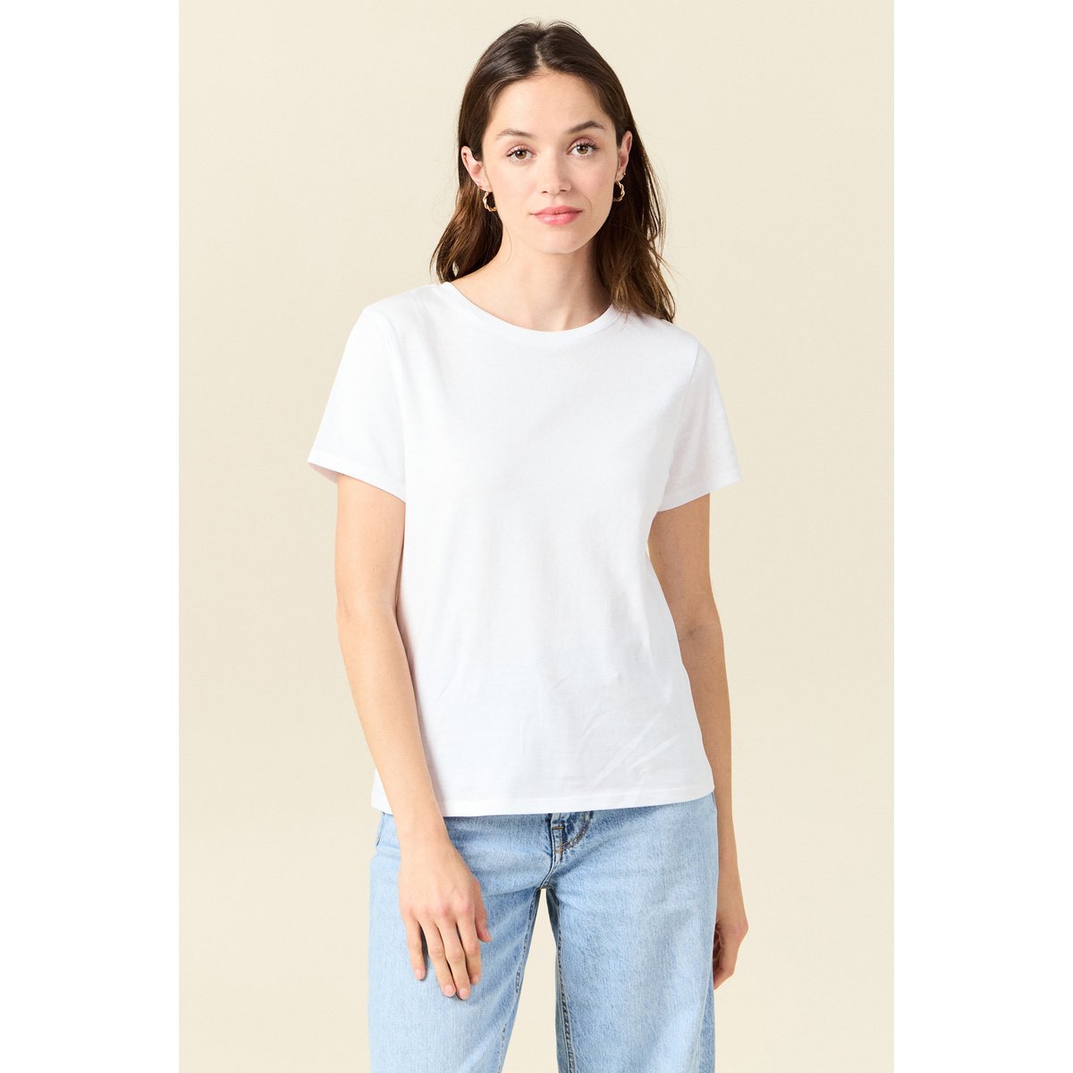 T-shirt cintré col rond manches courtes blanc, BONOBO