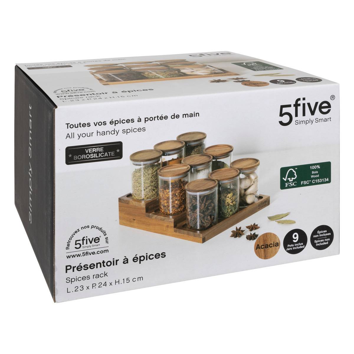 Présentoir à épices 9 bocaux en acacia HARMONY marron, 5FIVE SIMPLY SMART