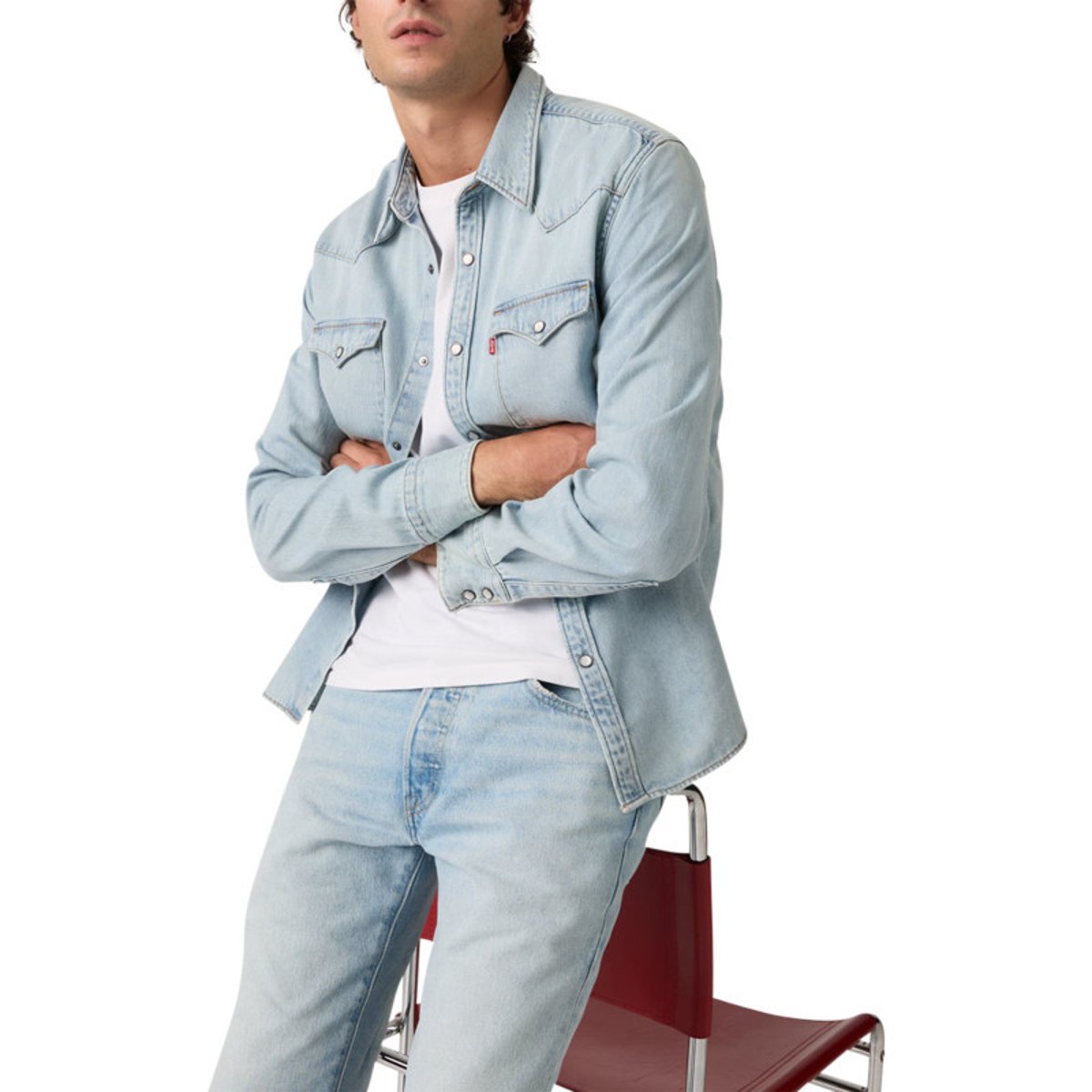 Chemise en coton stone à coupe droite pourvue d'un col à revers bleu clair, LEVI'S
