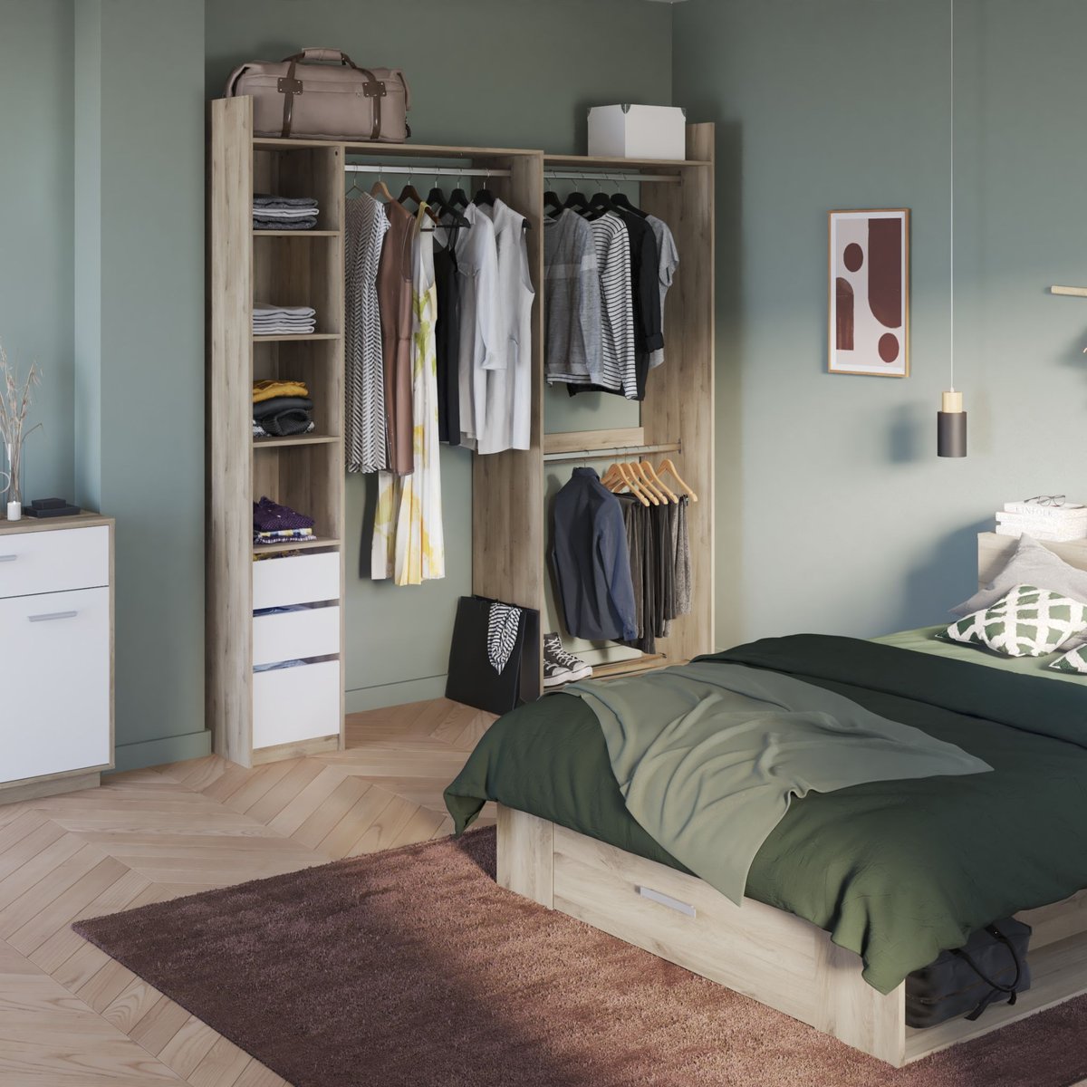 Dressing modulable avec étagères bois clair, TERRE DE NUIT