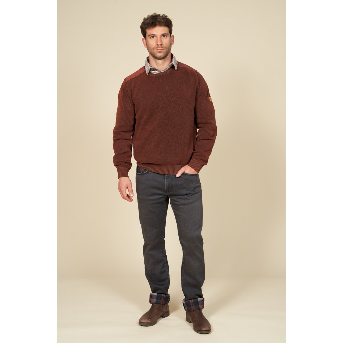 Pull col rond empiècements tissés cognac, MCS