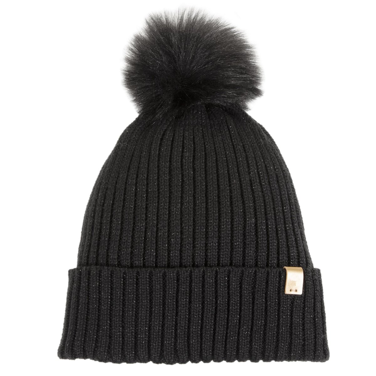 Bonnet en maille recyclée, chaud, doublé polaire recyclé, pompom imitation fourrure noir, ISOTONER