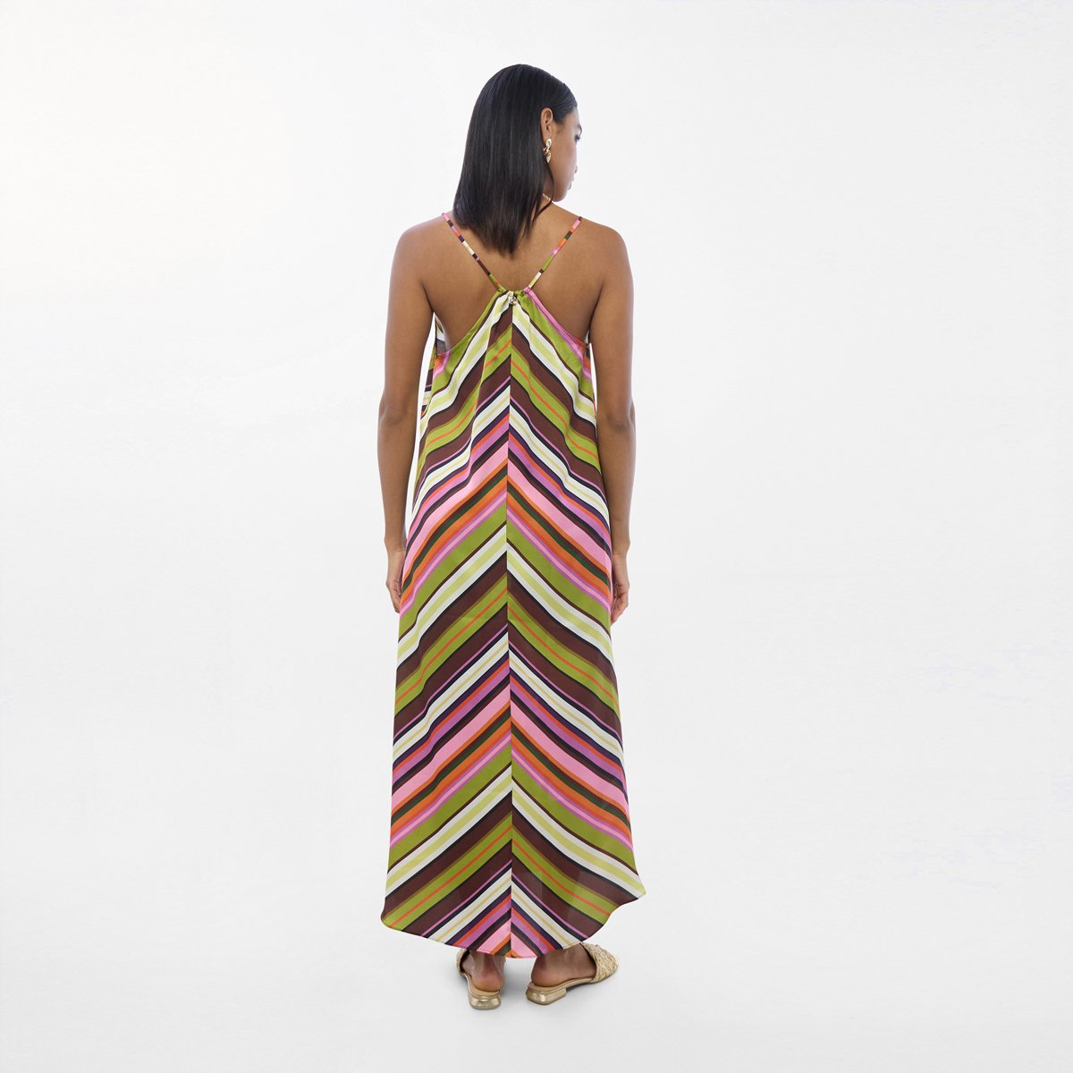 Robe longue fluide à fines bretelles rayures multicolores vert olive, LOLA CASADEMUNT