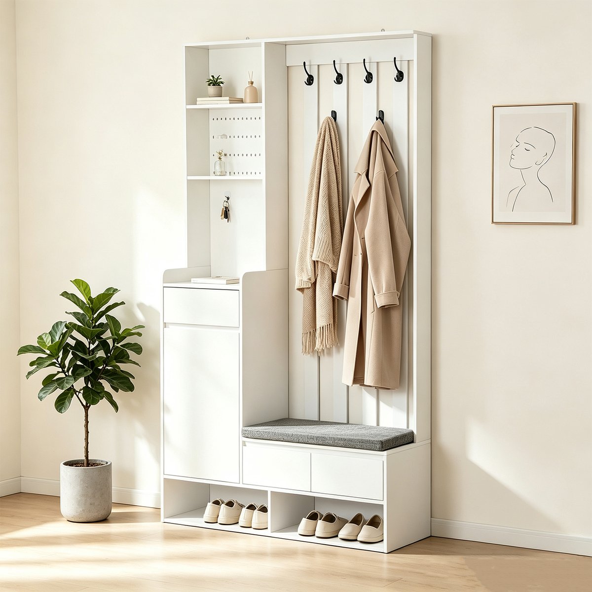 Vestiaire d'entrée avec banc et rangement, PORTER-D blanc, MEUBLES COSY
