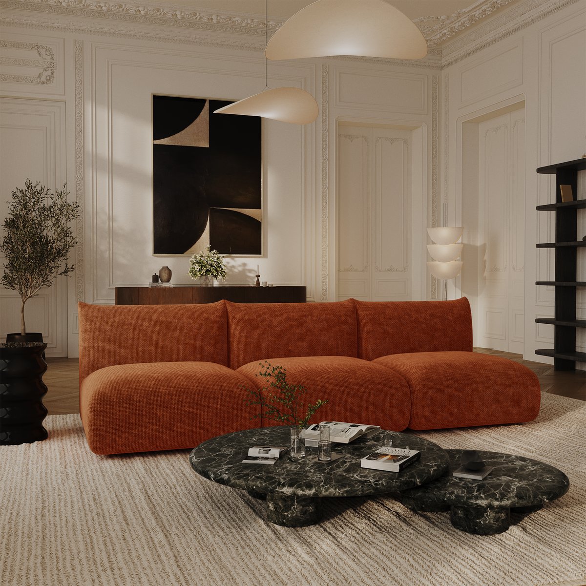 Canapé modulable 5 places en velours chenillé NOOMA terracotta, SIA HOME