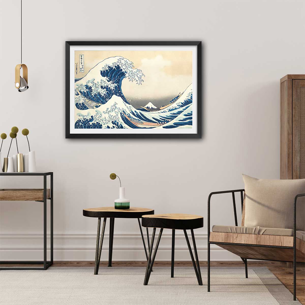 Poster The Great Wave off Kanagawa par Hokusai affiche + cadre en bois - noir, HEXOA