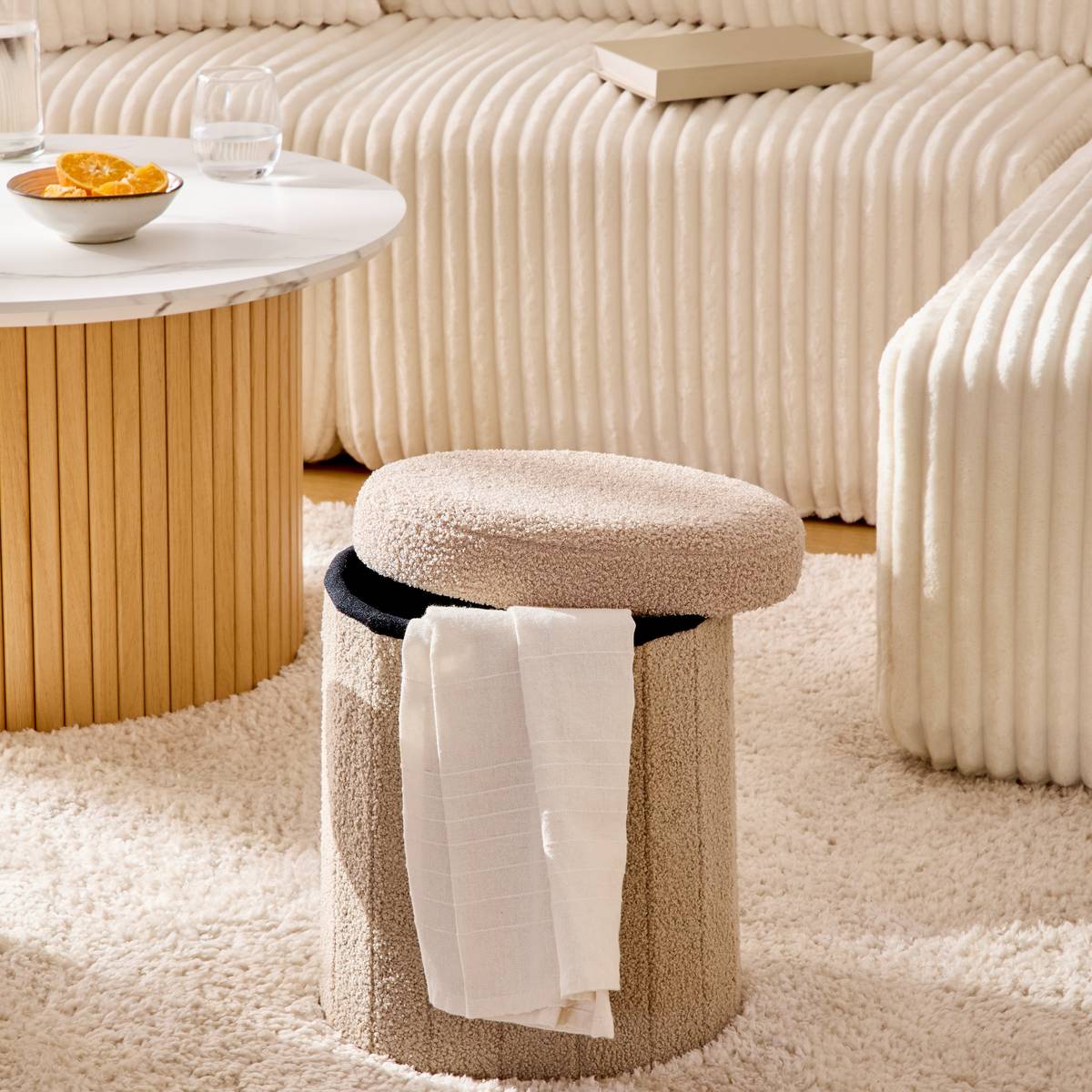Pouf pliant coffre de rangement en bouclette JAIKO beige, ATMOSPHERA