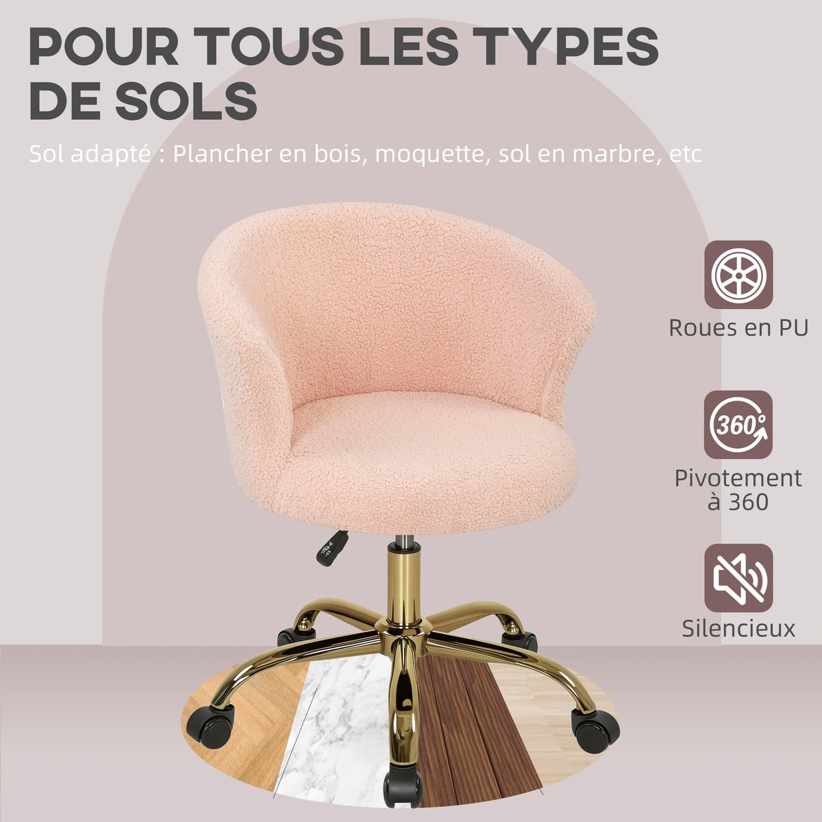 Chaise de bureau Polyester Rose rose, doré, HOMCOM