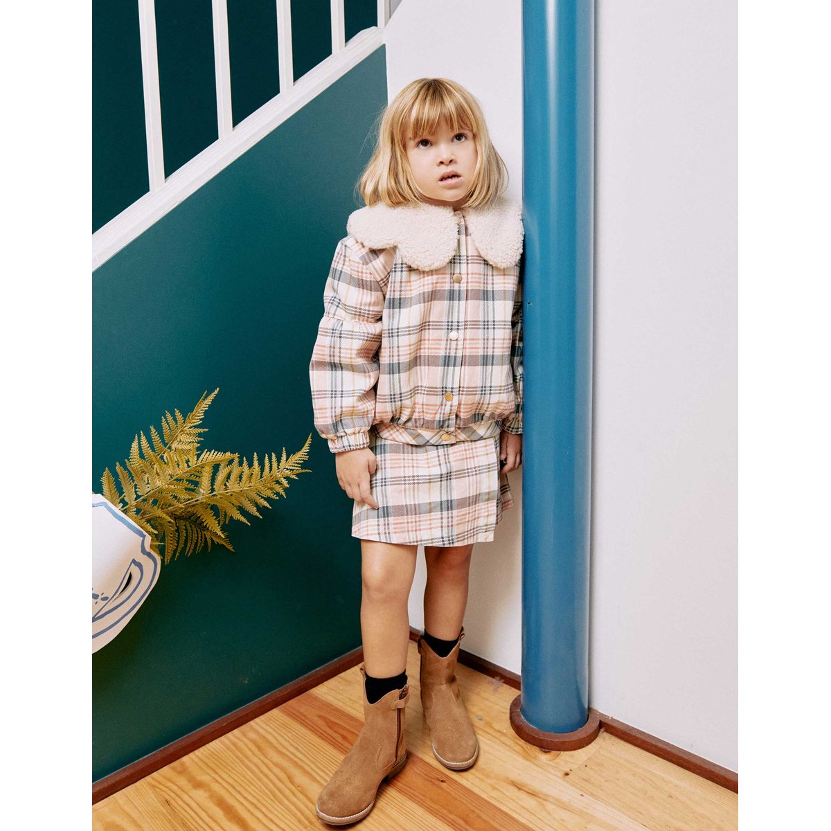 Blouson à carreaux avec col et doublure en sherpa blanc, ZIPPY