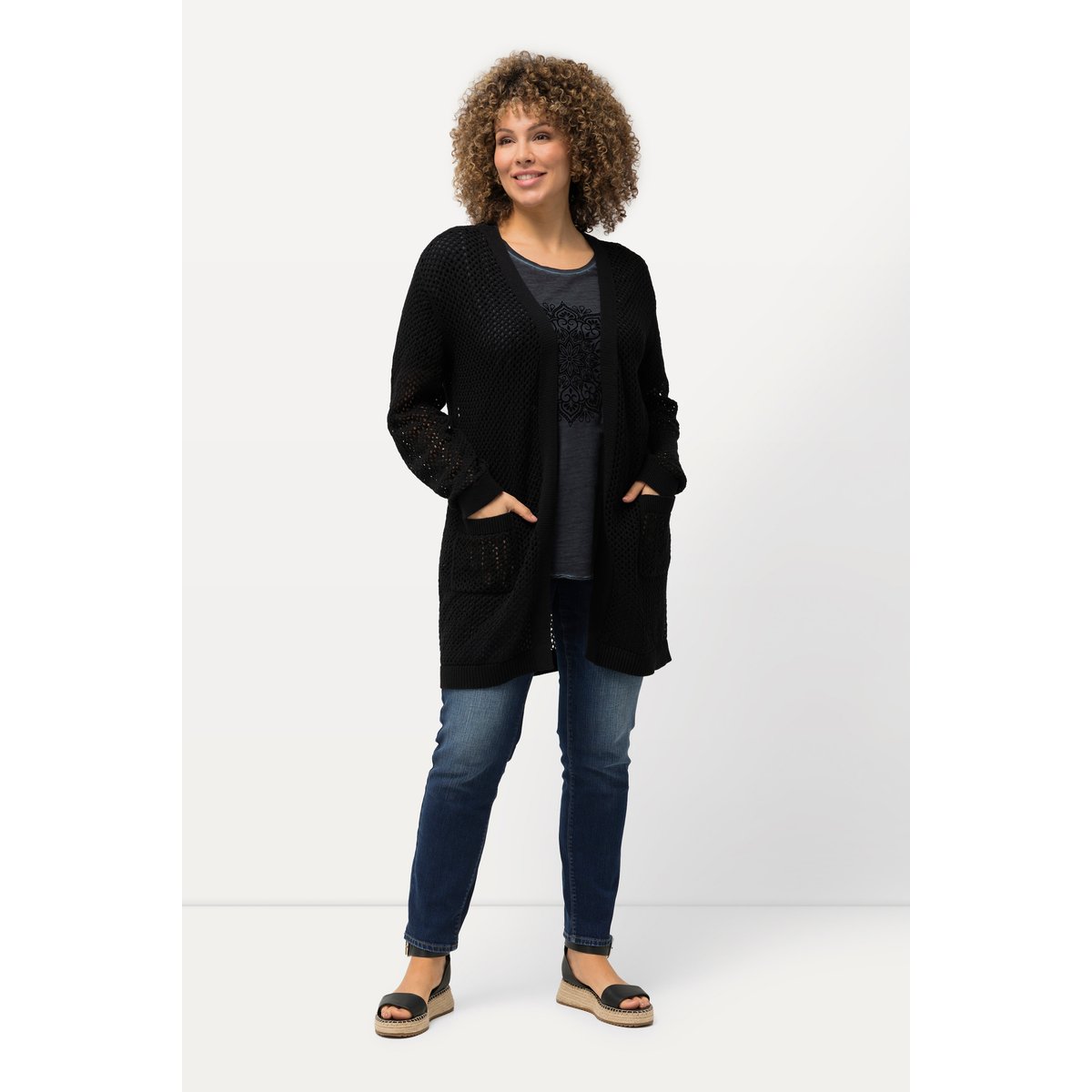 Cardigan long. Coupe ouverte noir, ULLA POPKEN