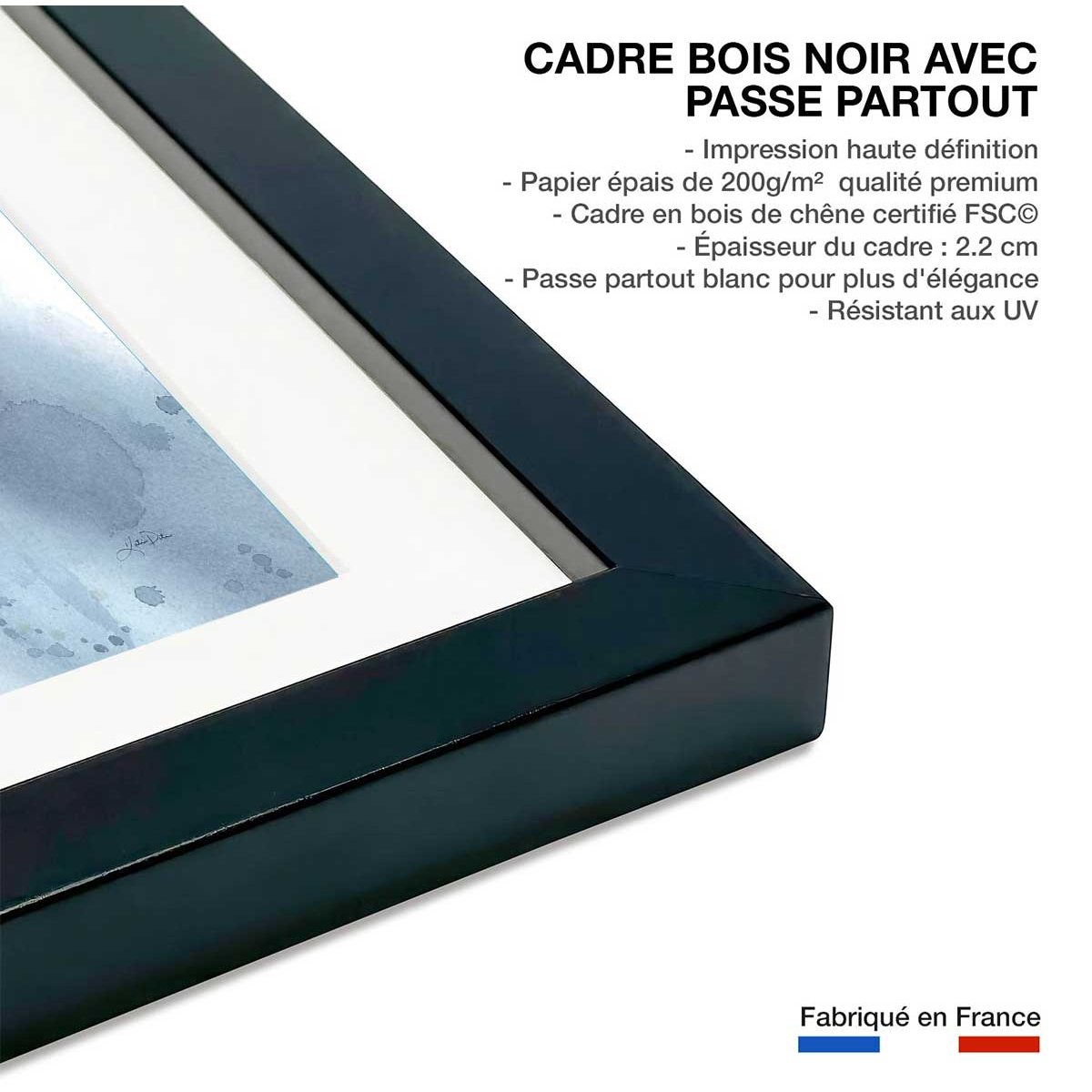 Affiche Neige sur la forêt affiche + cadre en bois - noir, HEXOA