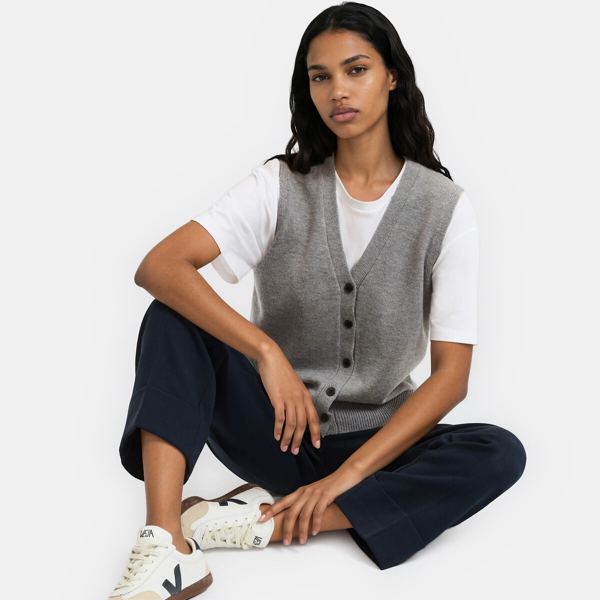 Gilet court en laine, col V, sans manches, boutonné gris chiné, LA REDOUTE COLLECTIONS