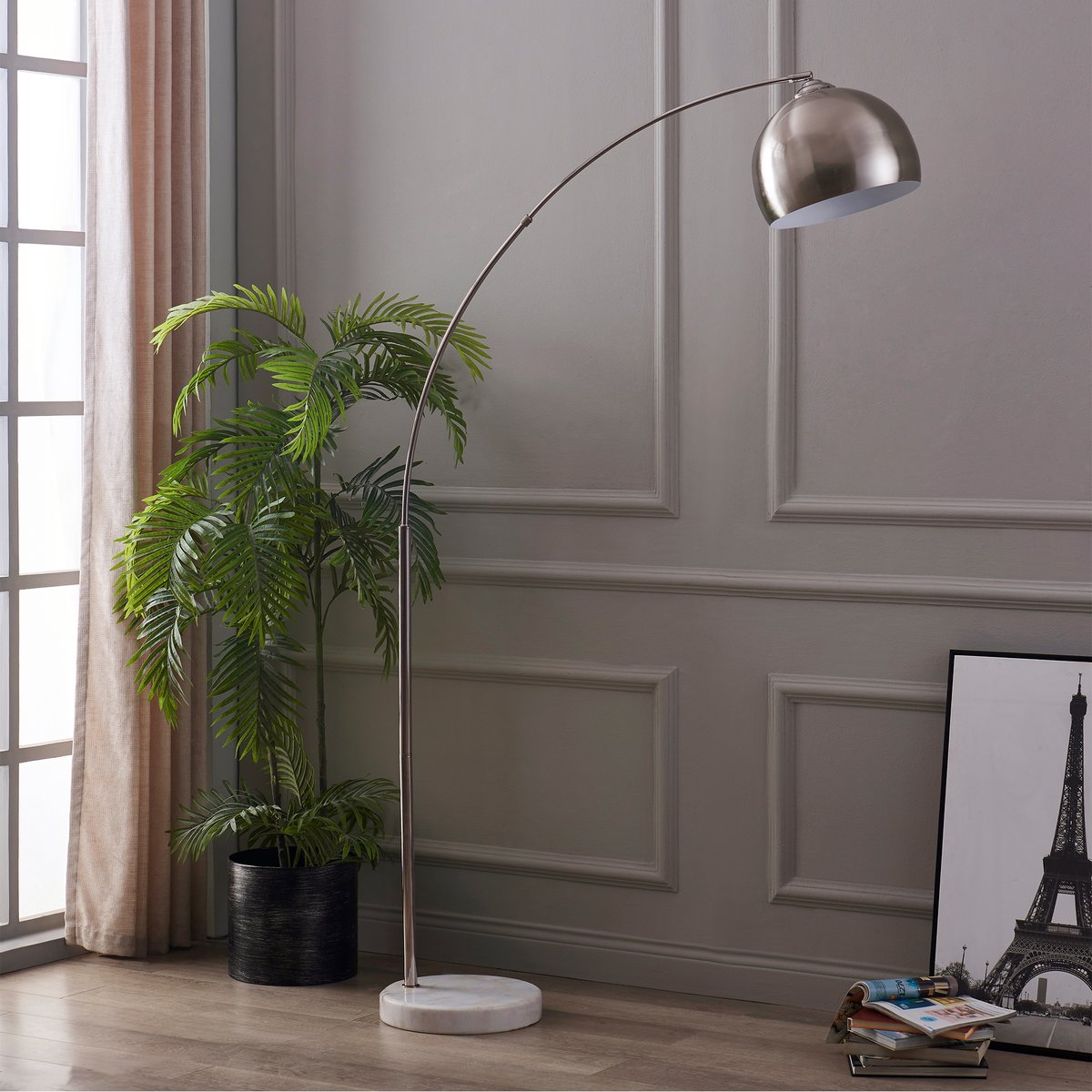 Lampadaire Intérieur Arc Métal avec base marbre, ARQUER gris, TEAMSON HOME