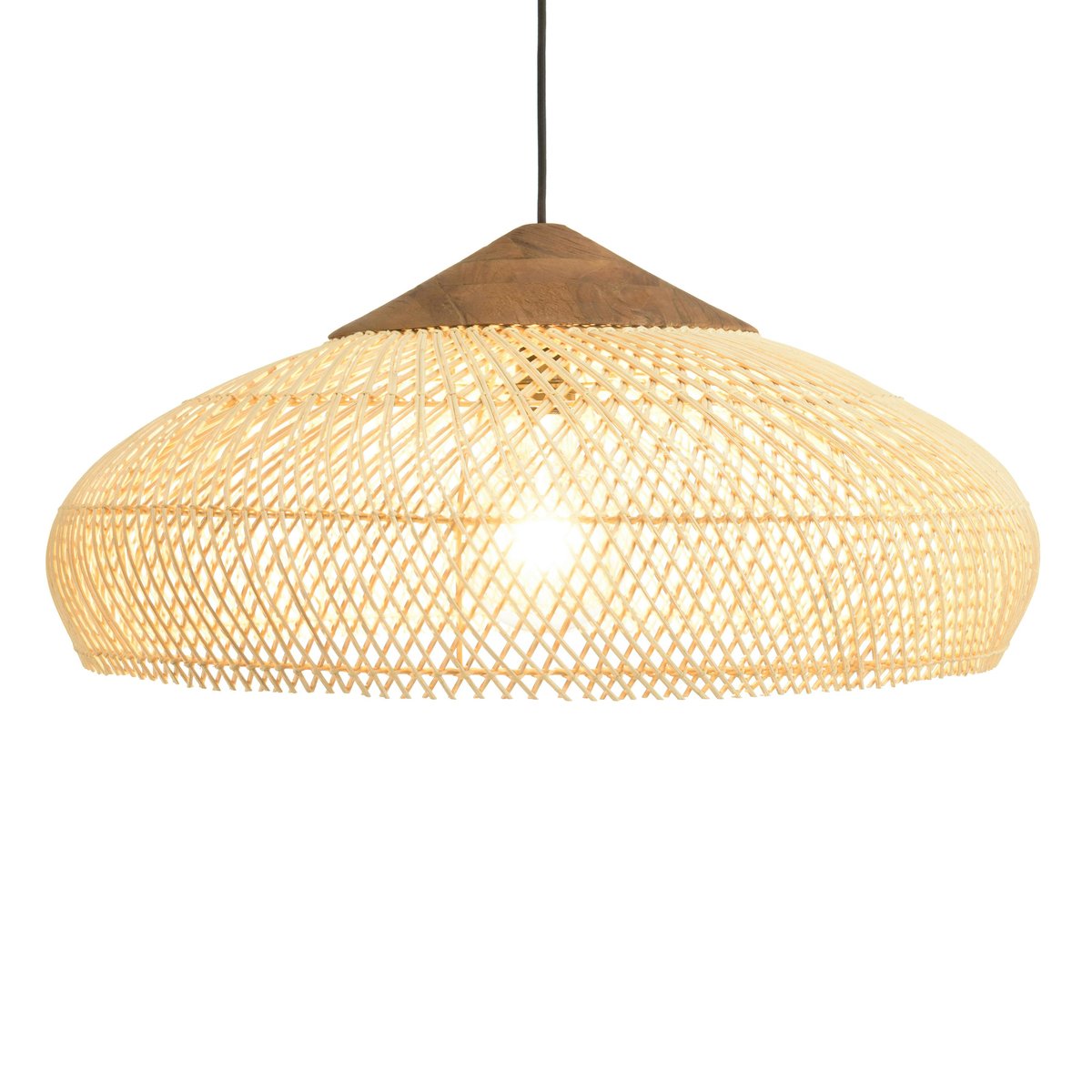 Suspension ronde 65cm en rotin et teck FOLELLI ecru, PIER IMPORT