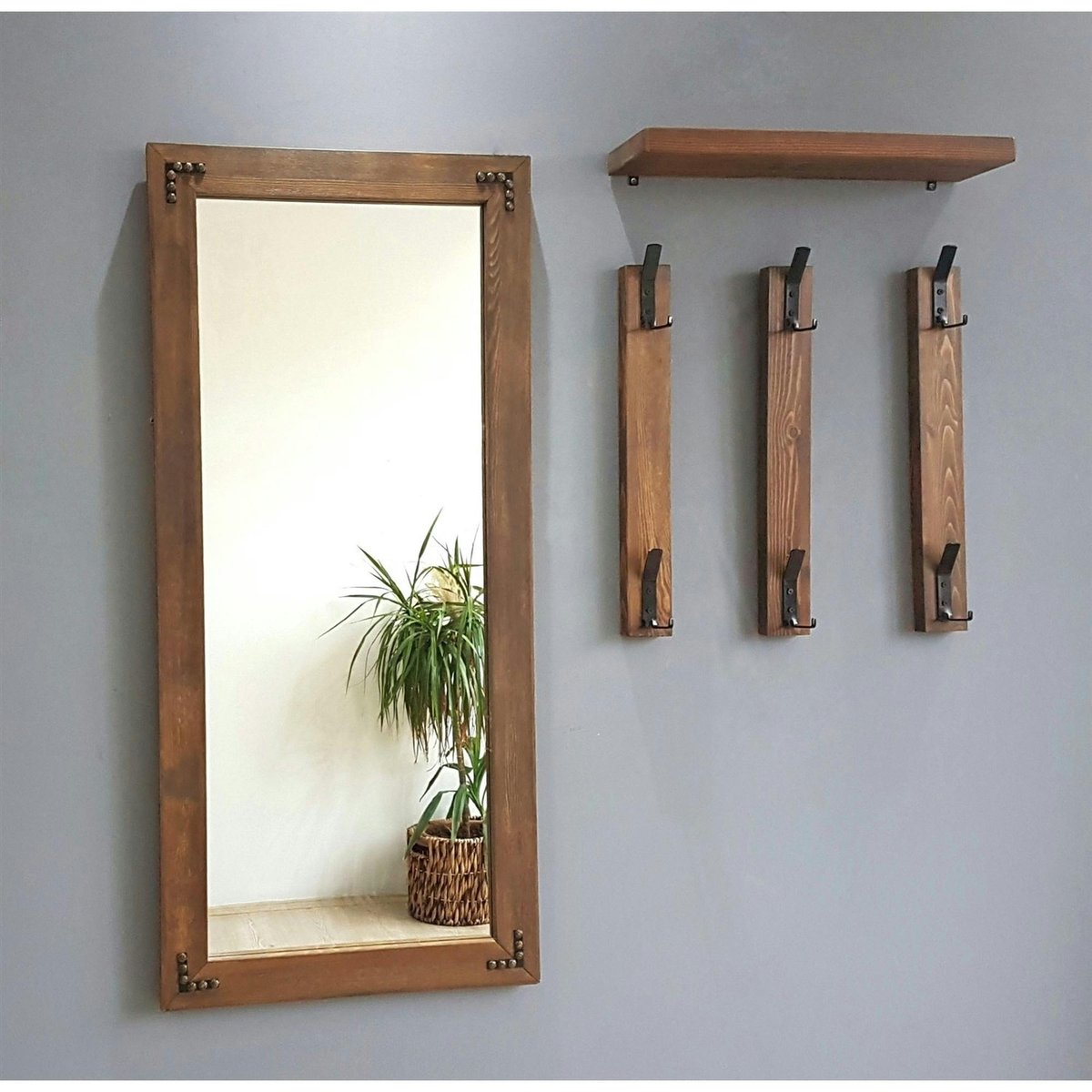 Vestiaire mural - 1 miroir, 3 portemanteaux, 1 étagère HILO bois naturel, PIER IMPORT
