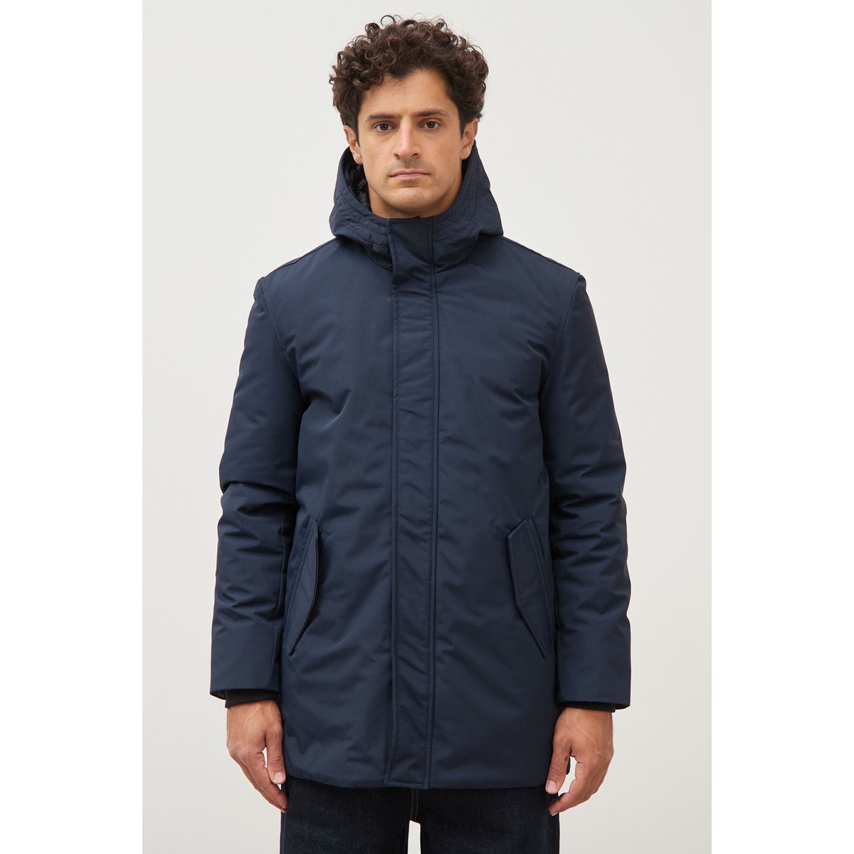 Parka longue droite à capuche bleu marine, BONOBO