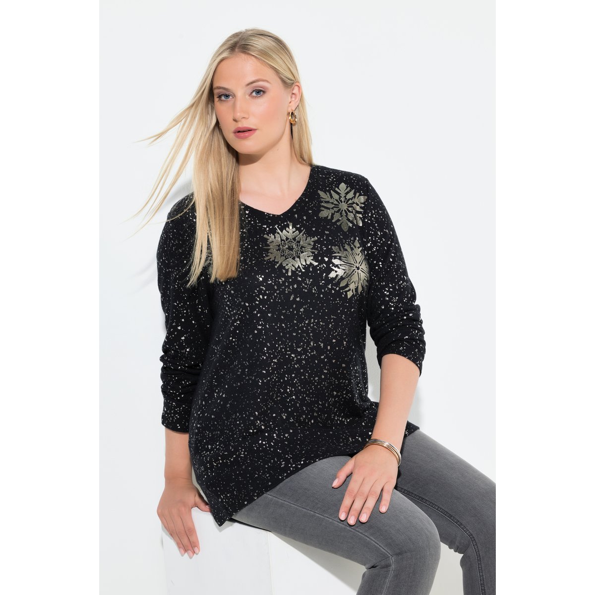 Sweat-shirt à col V et manches longues noir, ULLA POPKEN