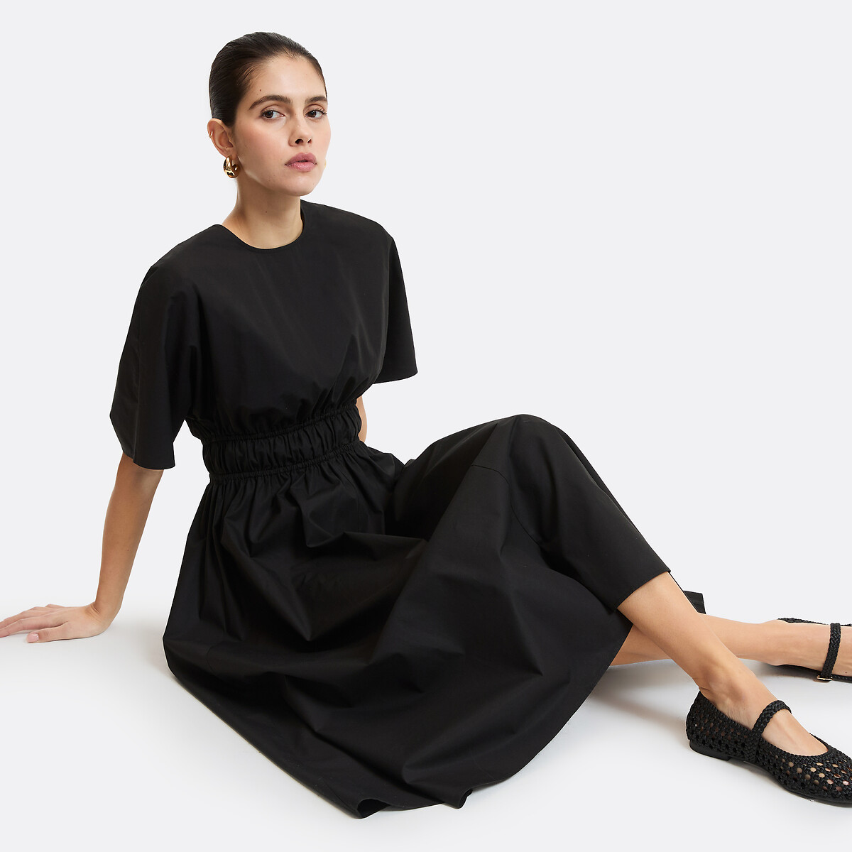 Robe évasée, longue, manches courtes noir, LA REDOUTE COLLECTIONS