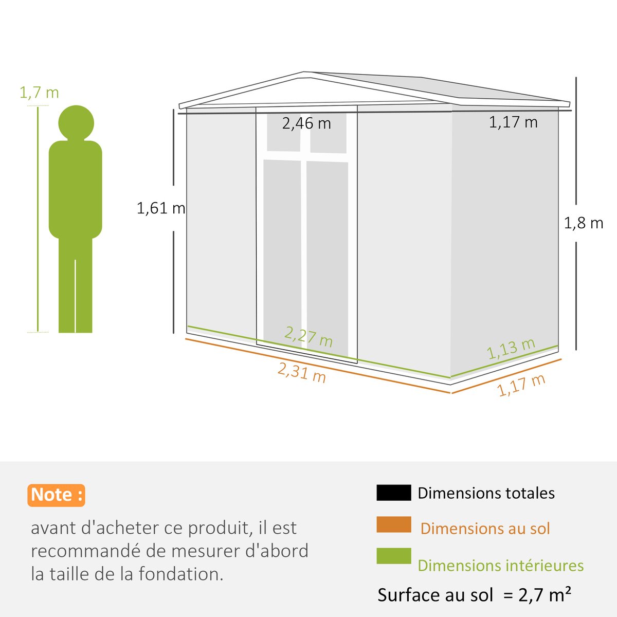 Abri de jardin surface 2,7 m² - 2 portes fenêtres évents - tôle d'acier gris, OUTSUNNY
