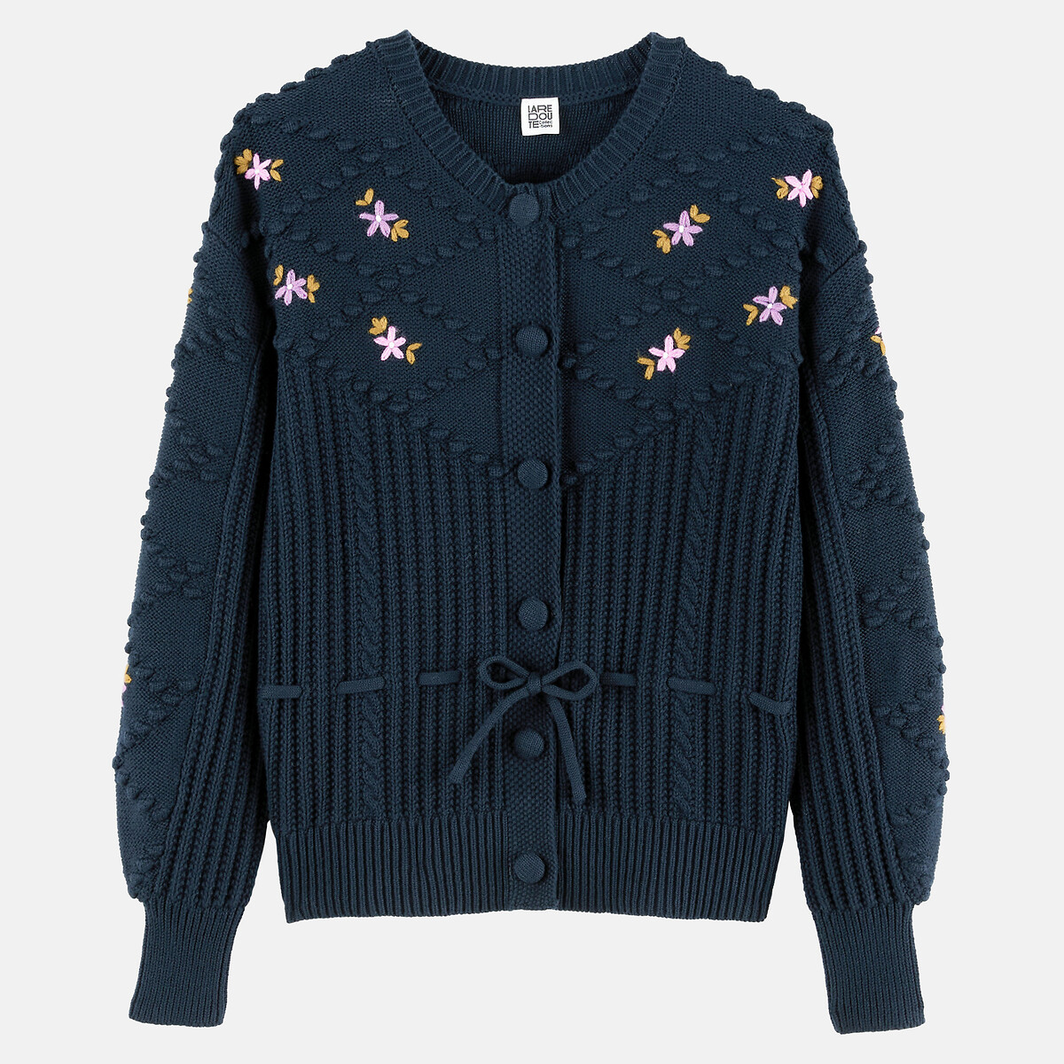 Cardigan brodé fleurs, avec lien à la taille bleu marine, LA REDOUTE COLLECTIONS