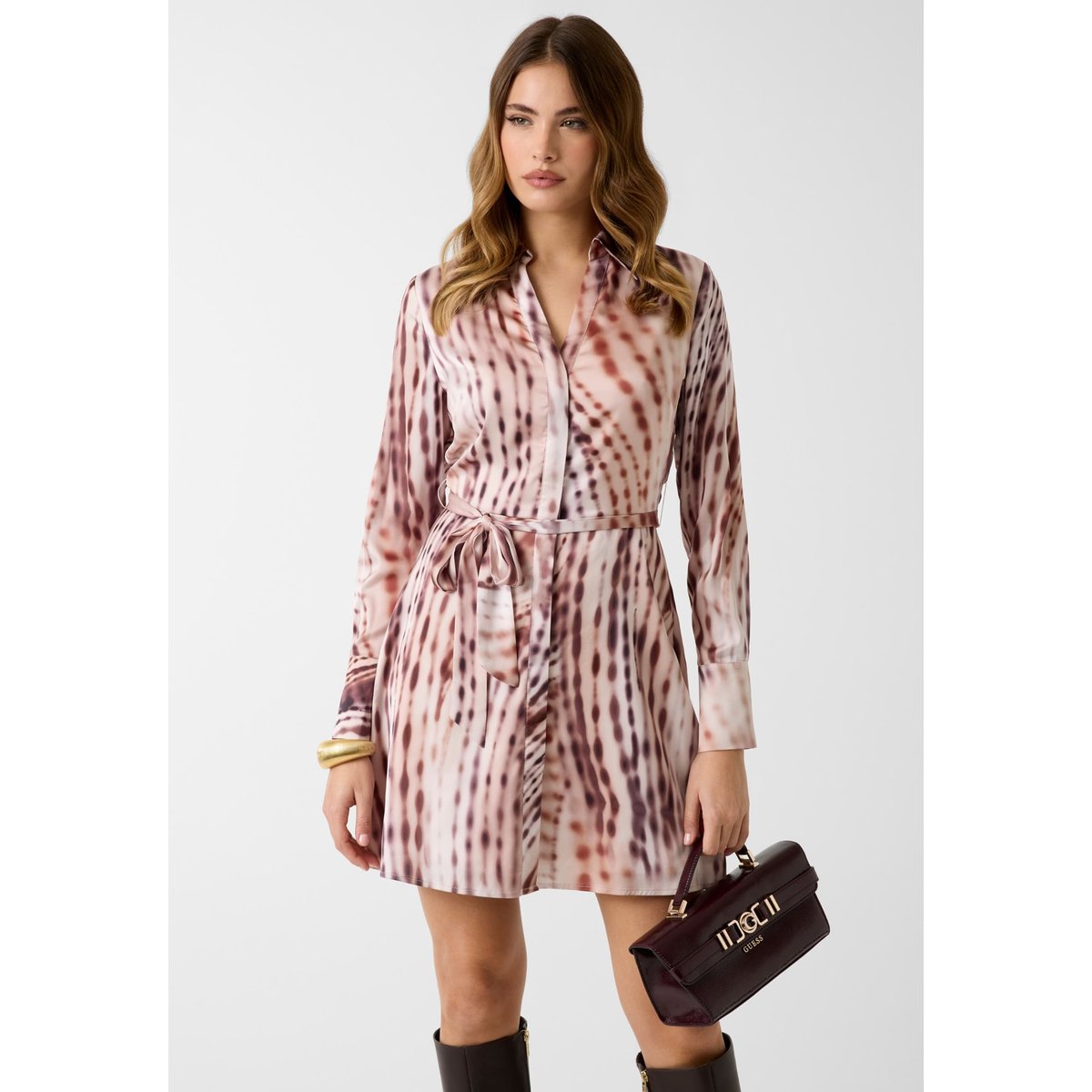 Robe Mini Ajustée Et Évasée marron claire, GUESS