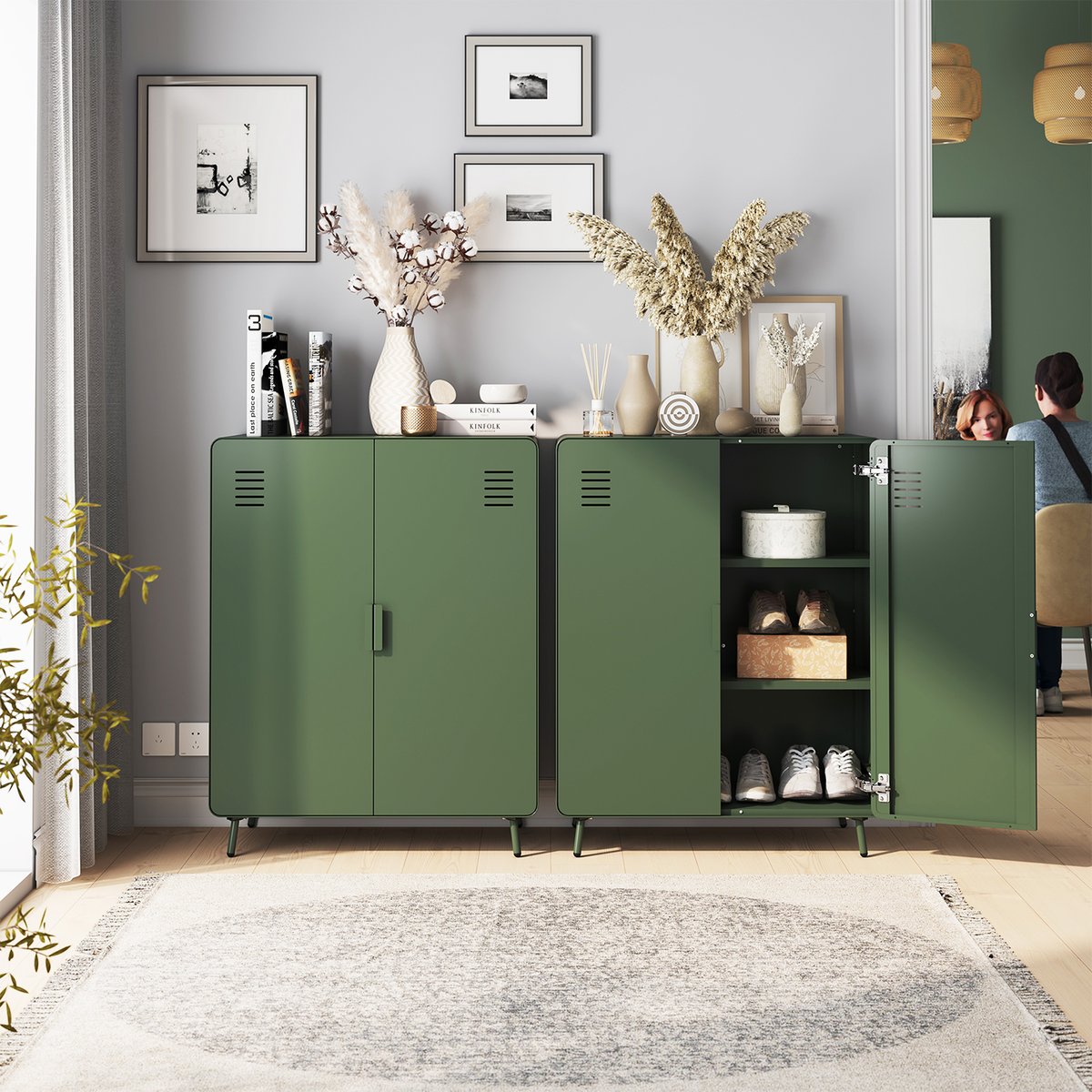 Armoire de rangement avec 2 portes et 3 couches en métal industriel, WALNUTLIVING vert foncé, MEUBLES COSY