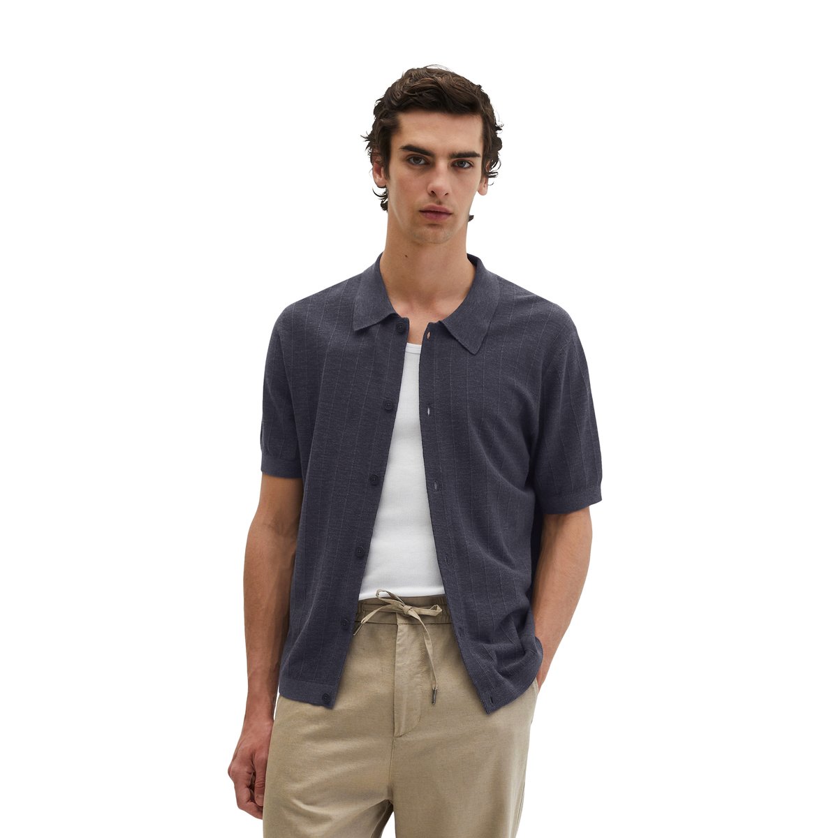 Cardigan manches courtes regular en coton bio et en lin bleu foncé, MARC O'POLO