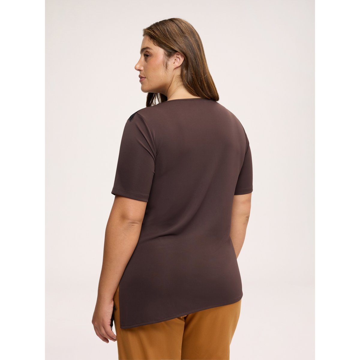 Haut asymétrique à bordure en dentelle marron, FIORELLA RUBINO