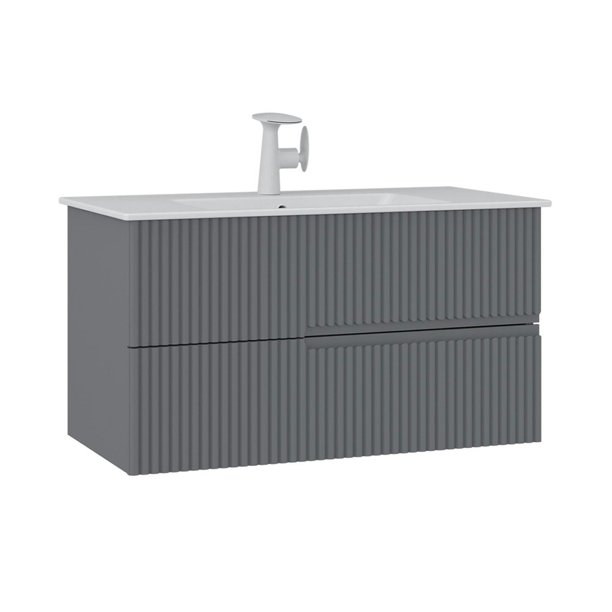 Meuble vasque 2 tiroirs rainurés 90 cm RIVIA gris, PIER IMPORT