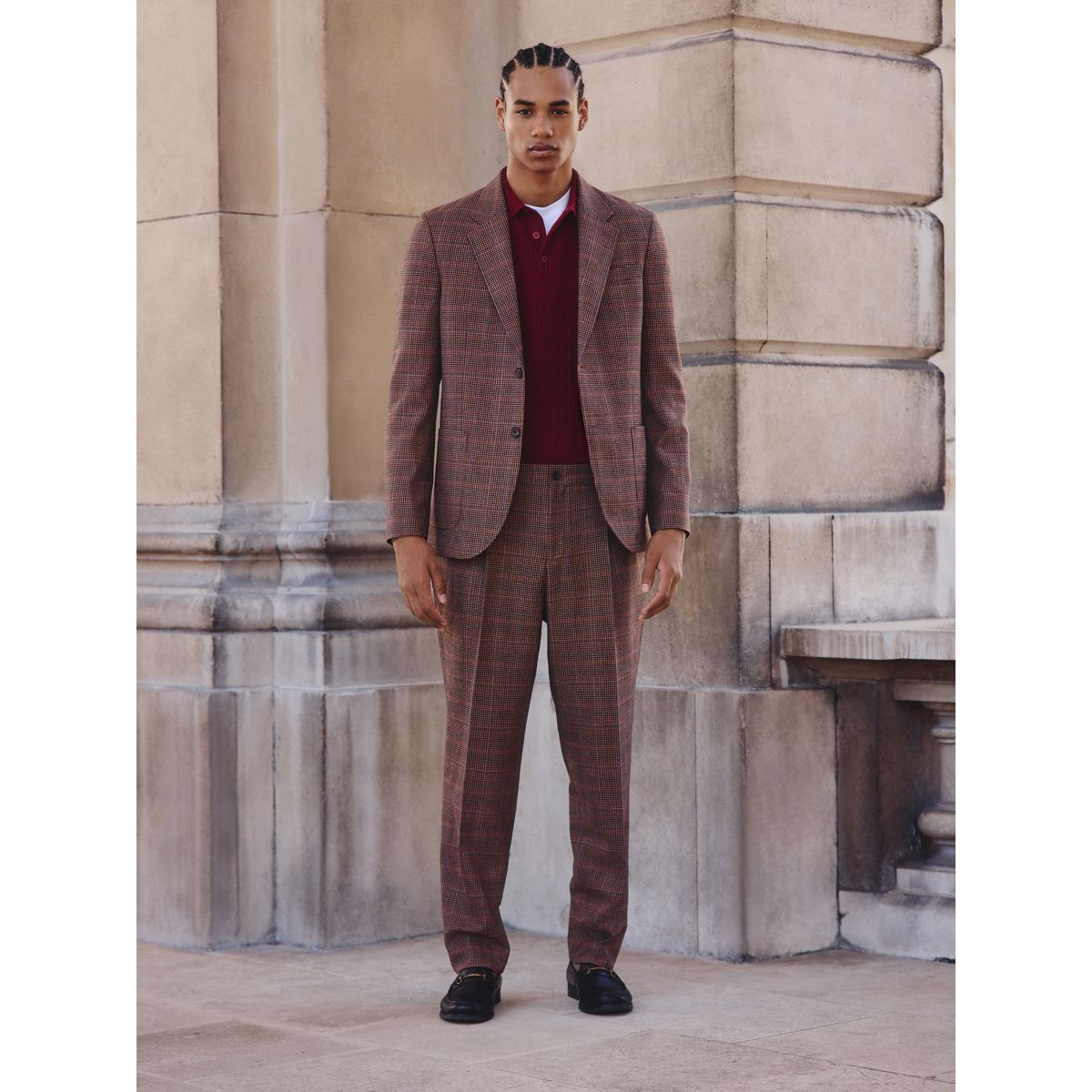 Pantalon de costume slim en laine à carreaux beige/rouge, NEXT