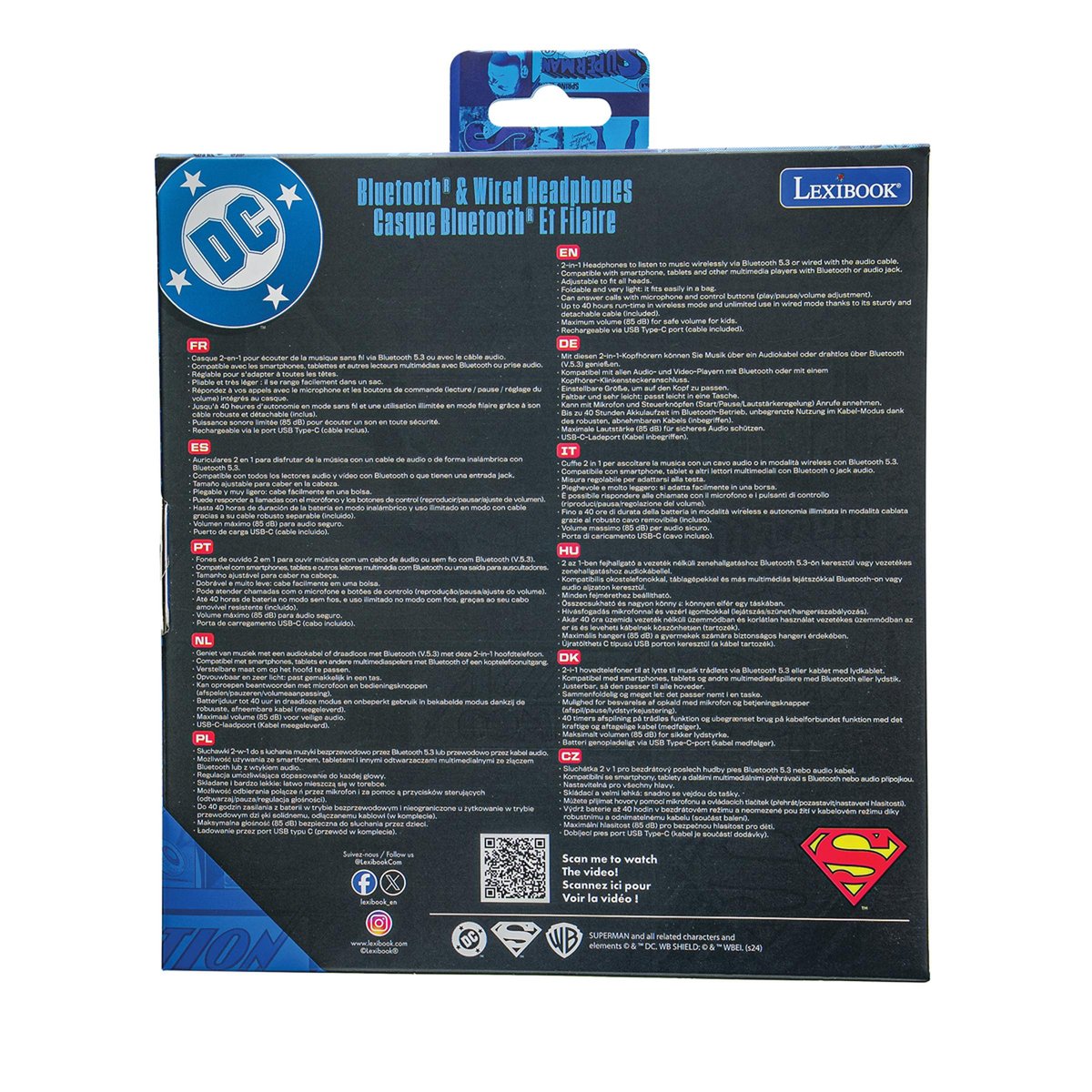 Casque 2 en 1 Superman Bluetooth et Filaire avec limitation de son rouge, LEXIBOOK