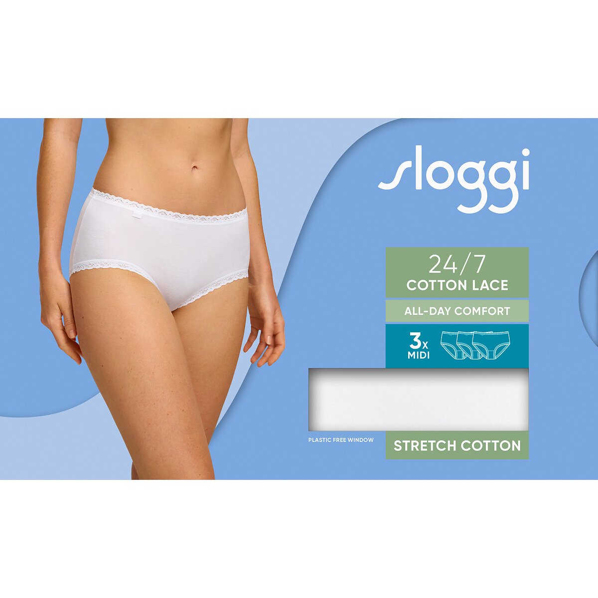 Lot de 3  slips midi 24/7 Cotton Lace blanc, SLOGGI