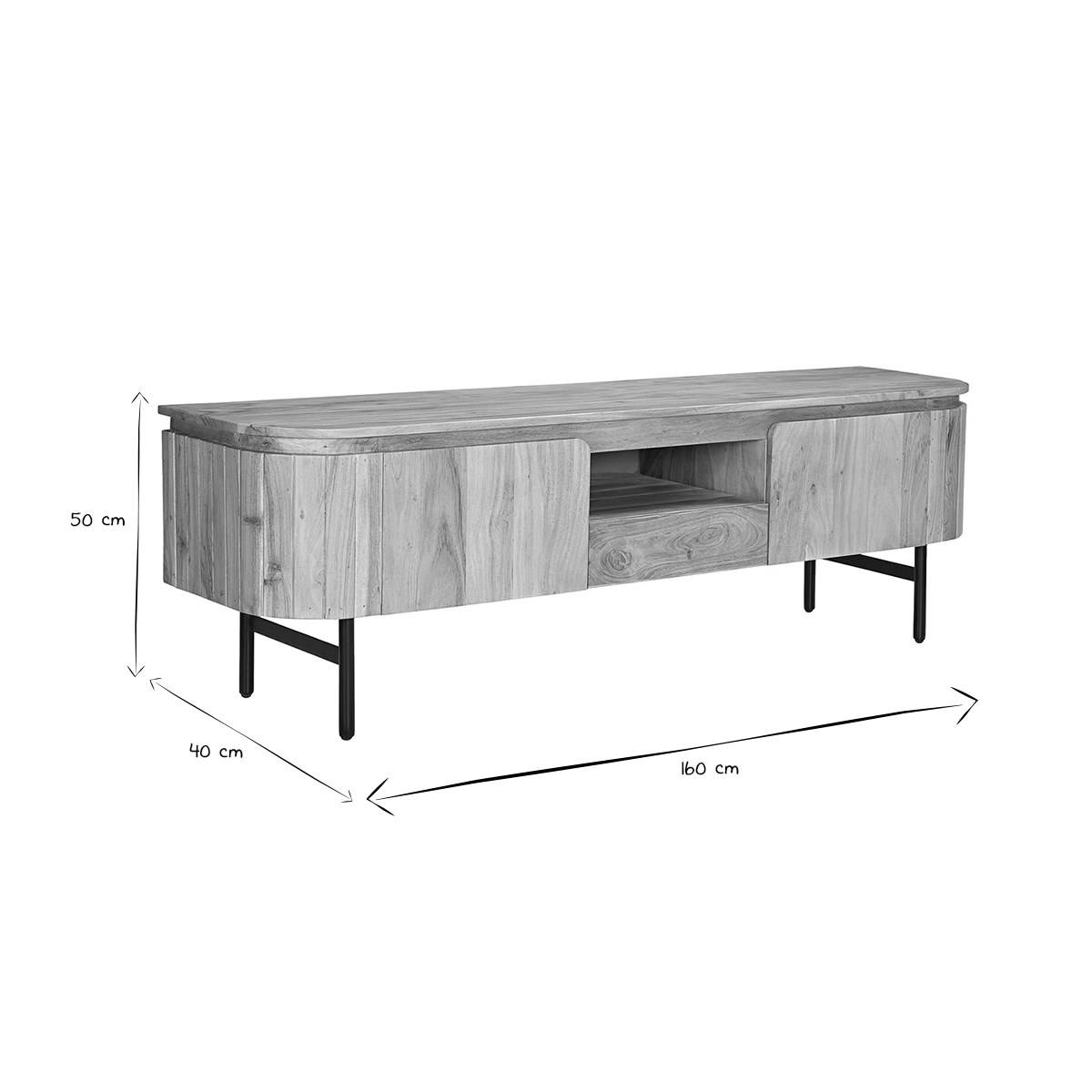 Meuble TV avec rangements en bois massif et métal noir L160 cm NAPOLI chêne clair, MILIBOO