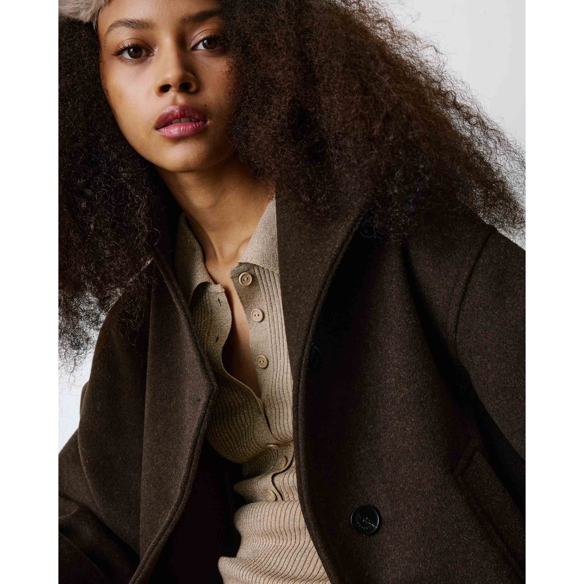 Manteau court col cheminée en laine mélangée chocolat Blanca chocolat, GRACE & MILA