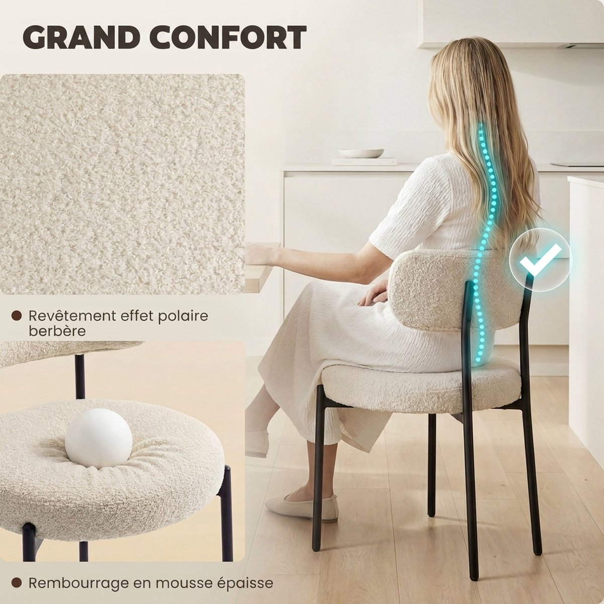 Chaise de salle à manger Tissu bouclette (100 beige, HOMCOM