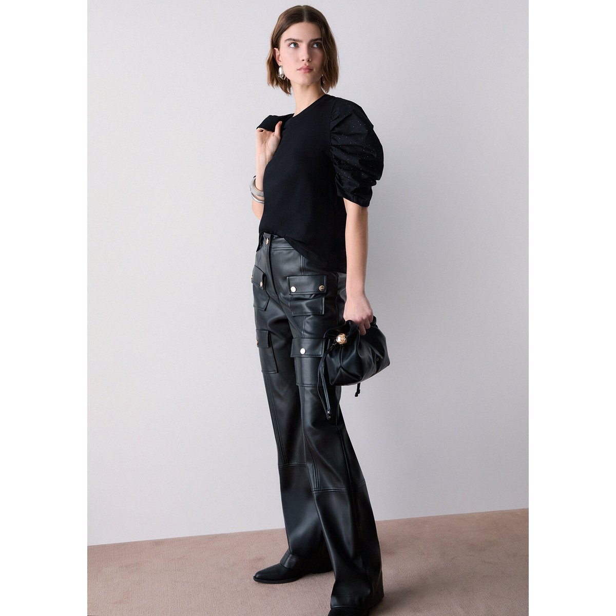 T-shirt bimatière avec manches bouffantes noir, LIU JO