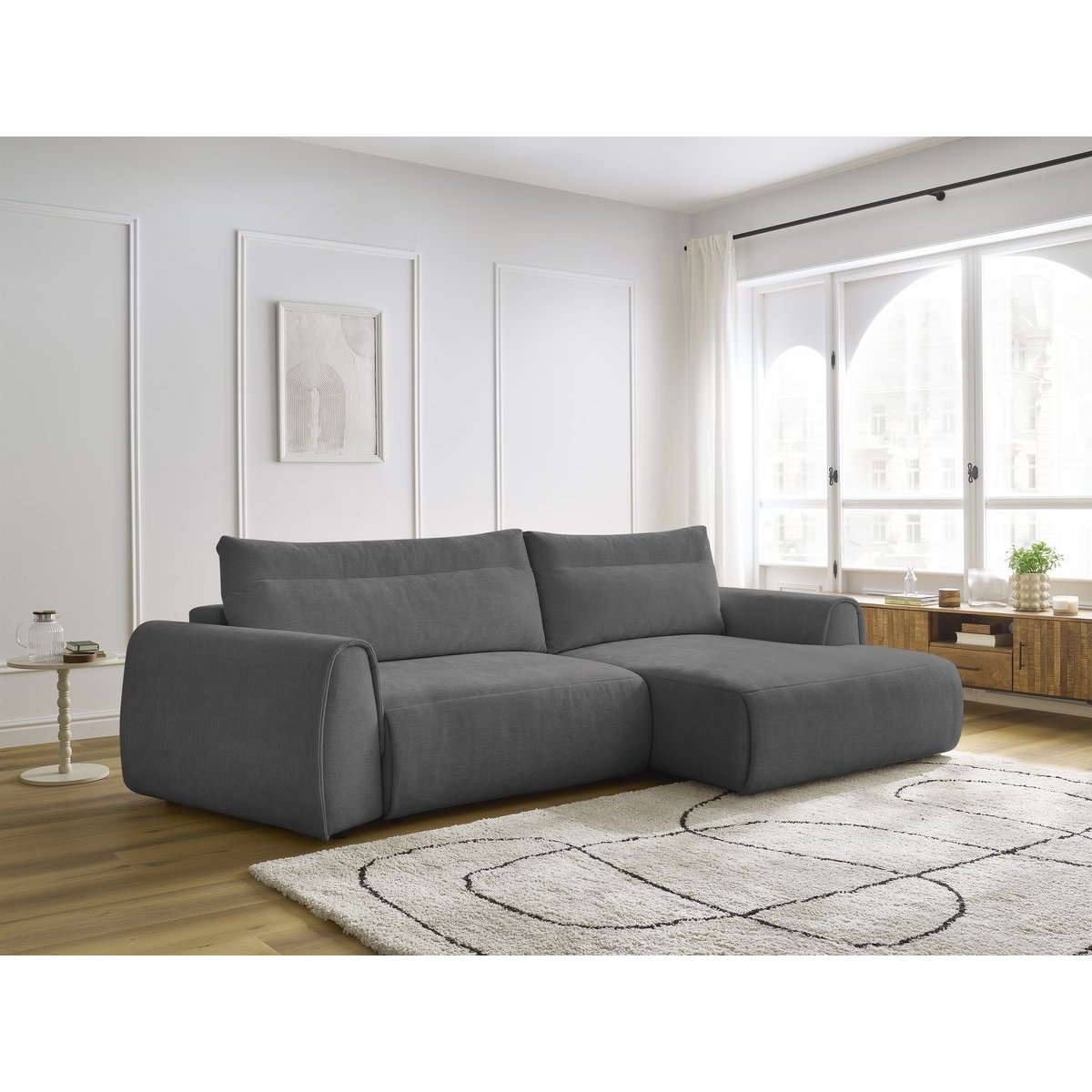 Canapé d'angle fixe incurvé 3 places tissu lisse, ADEN gris foncé, BOBOCHIC