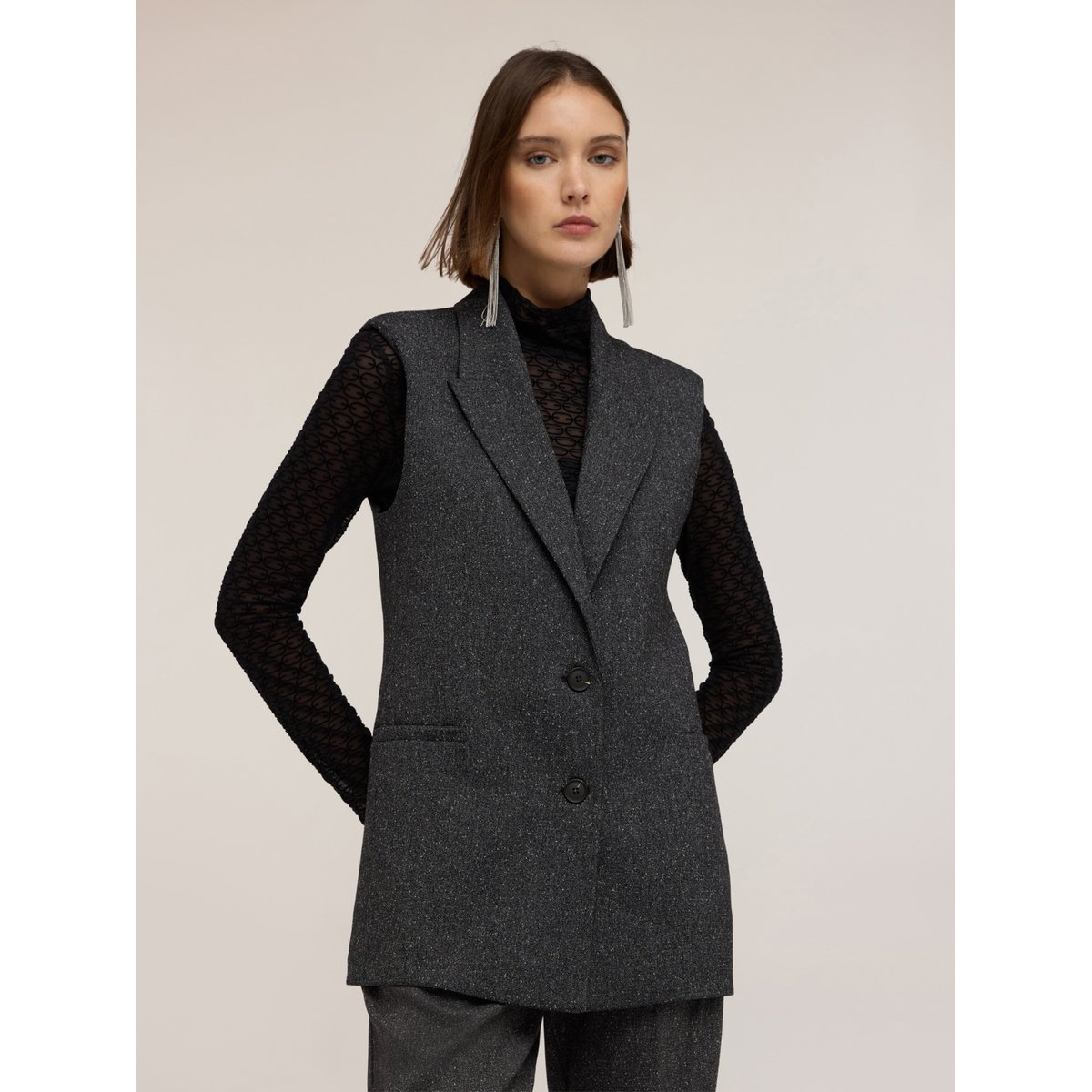 Gilet de tailleur teint fil avec revers gris, MOTIVI