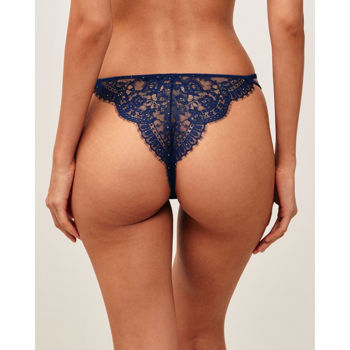 Tanga en dentelle à strass argentés SHINYLOVIZ bleu marine, UNDIZ