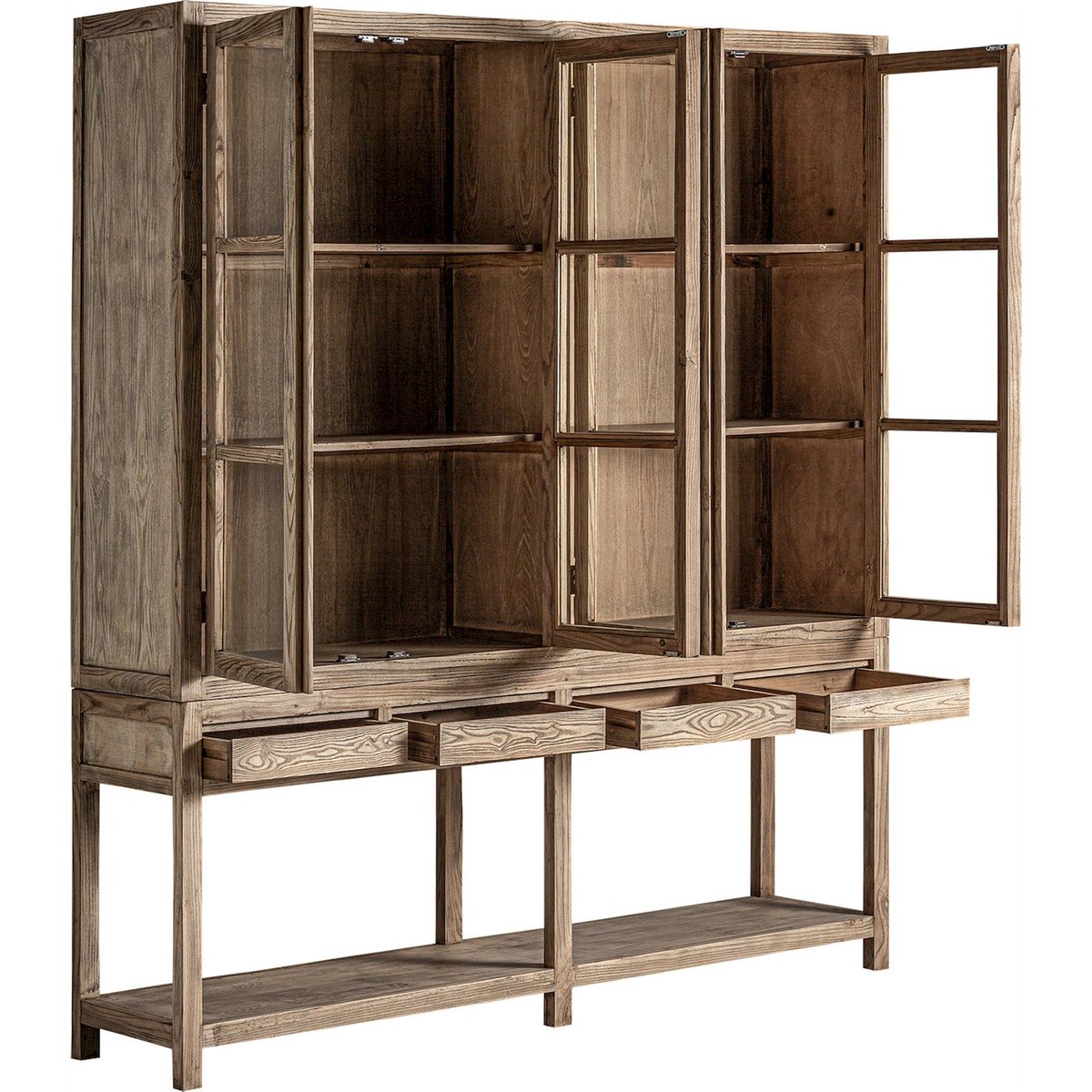 Vitrine en bois d'orme, Style colonial brun clair finition vieilli, RECOLLECTION