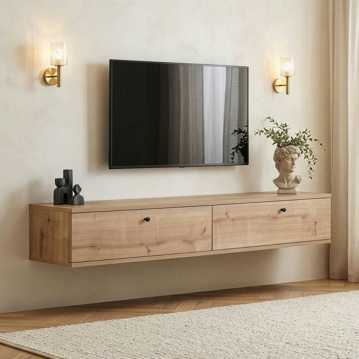 Meuble TV suspendu faible encombrement 160 cm MARFA chêne, PIER IMPORT
