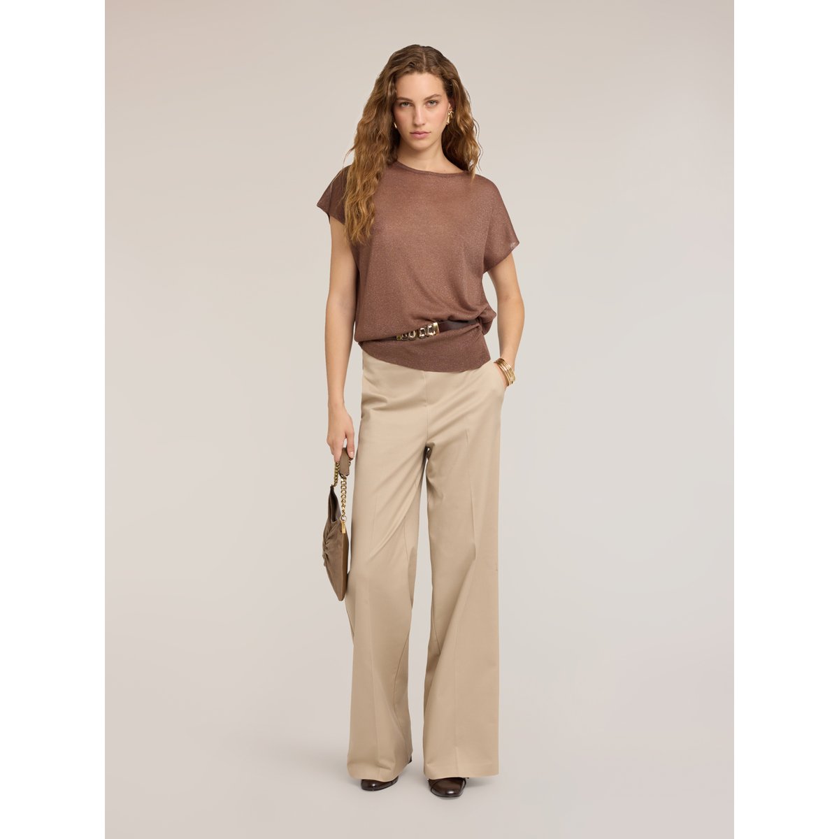 Pantalon palazzo à pli marqué beige, MOTIVI