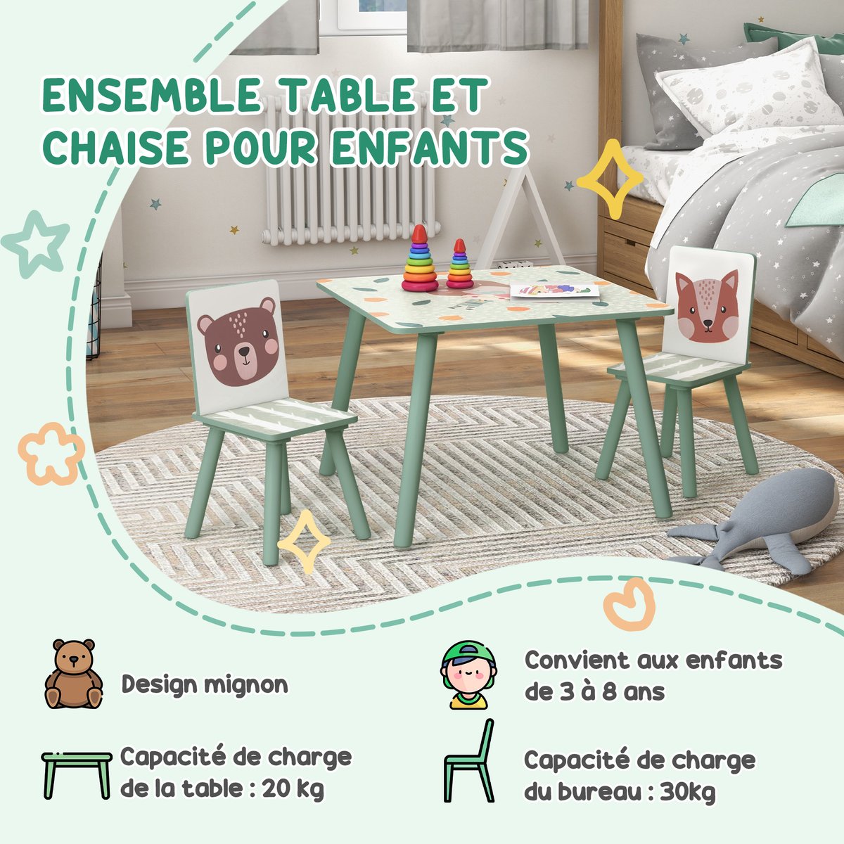 Ensemble table et chaises pour enfants Bois vert avec motifs animaux, ZONEKIZ