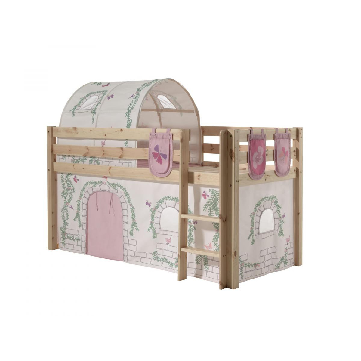 Pino Lit Compact Pin Massif Naturel + birdy rideau et tunnel de lit + 3 pochettes couleur unique, VIPACK