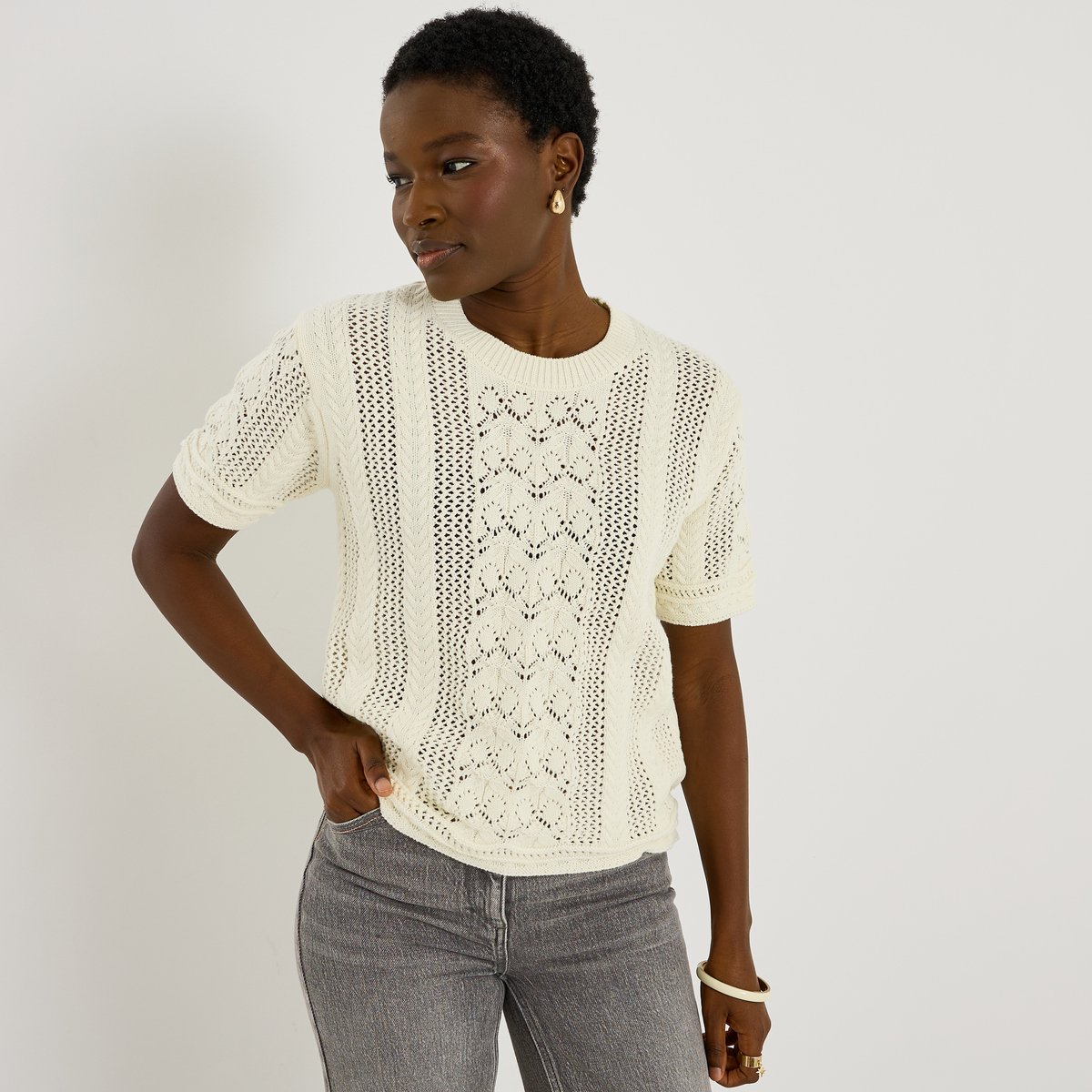 Pull manches courtes blanc cassé ecru, GRAIN DE MALICE