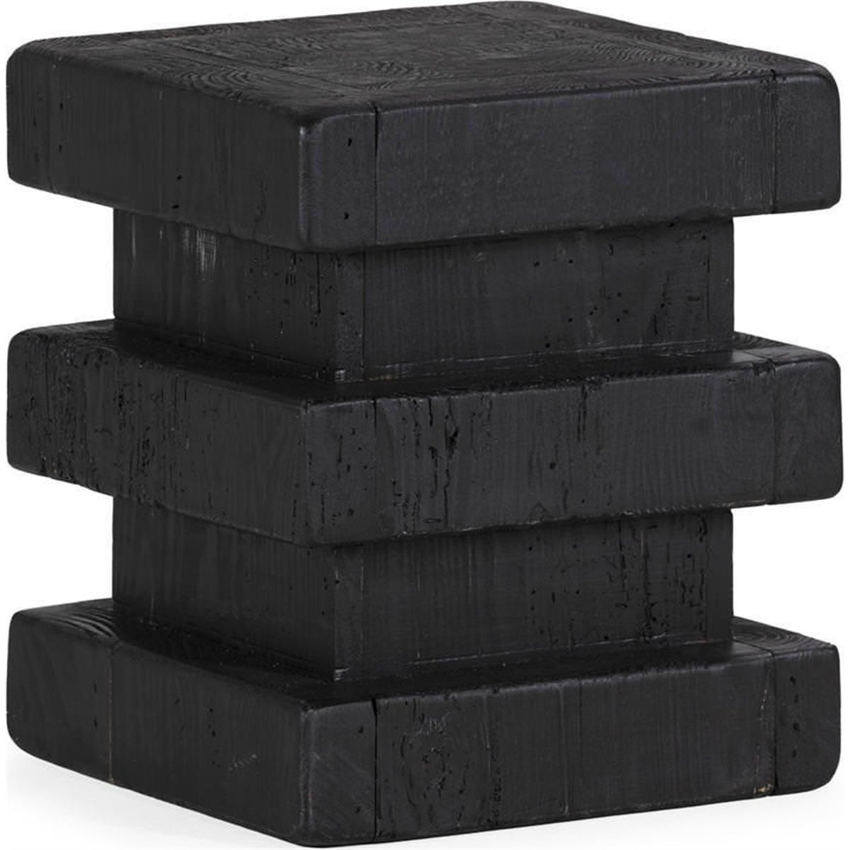 Tabouret carré en pin recyclé style brut noir, RECOLLECTION