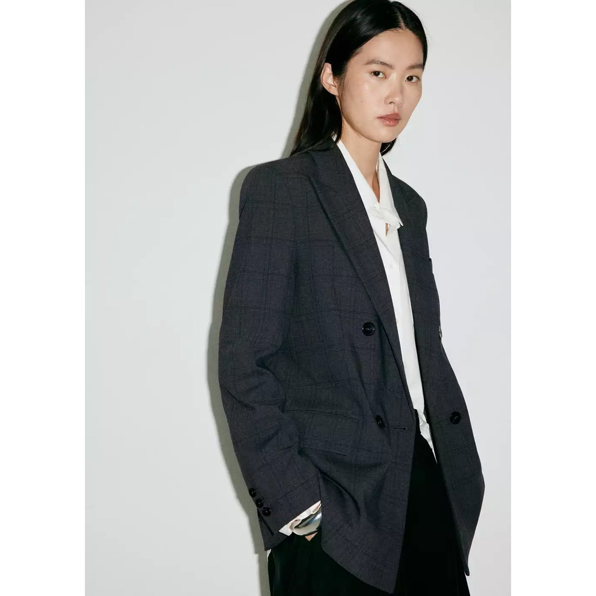 Blazer costume à carreaux double boutonnage gris, MANGO